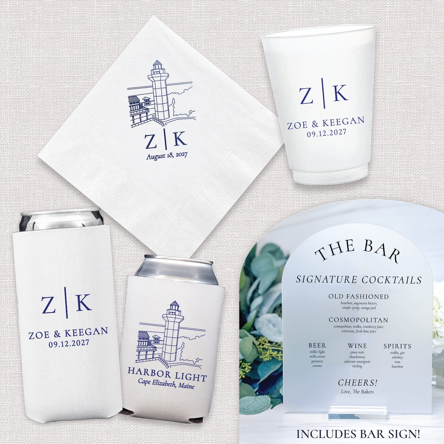 Venue Initials wedding bundle — complete bar suite with cocktail napkins, frosted cups, can coolers, and acrylic arch bar menu featuring venue name and couple's initials