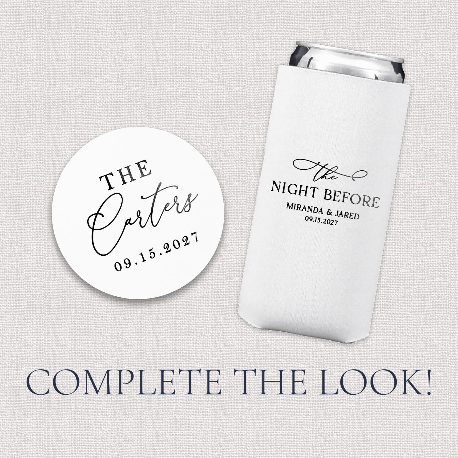 Optional add-on accessories for The Night Before Wedding Bundle, featuring a slim can cooler and a round coaster with a coordinating design to complete the wedding weekend look.
