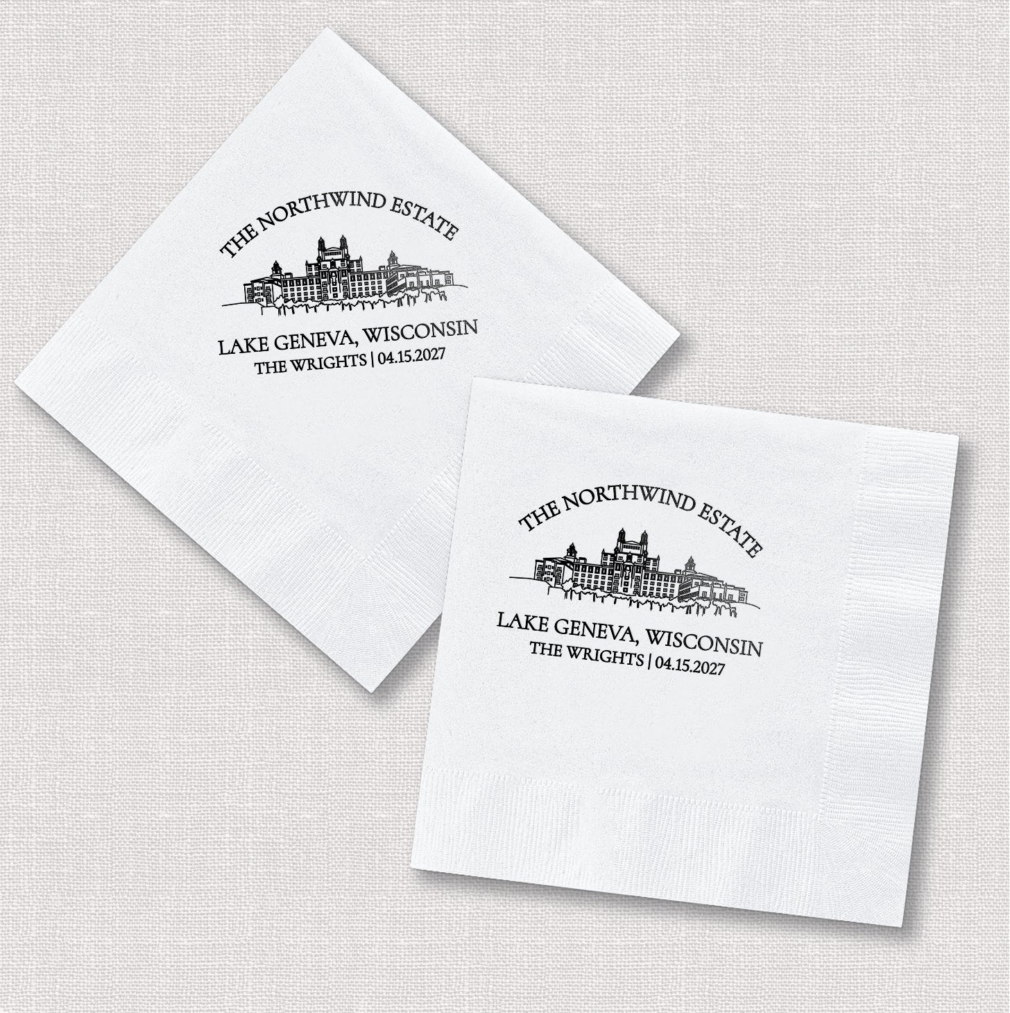 Personalized cocktail napkins in square and diamond orientation showing venue line drawing wedding design