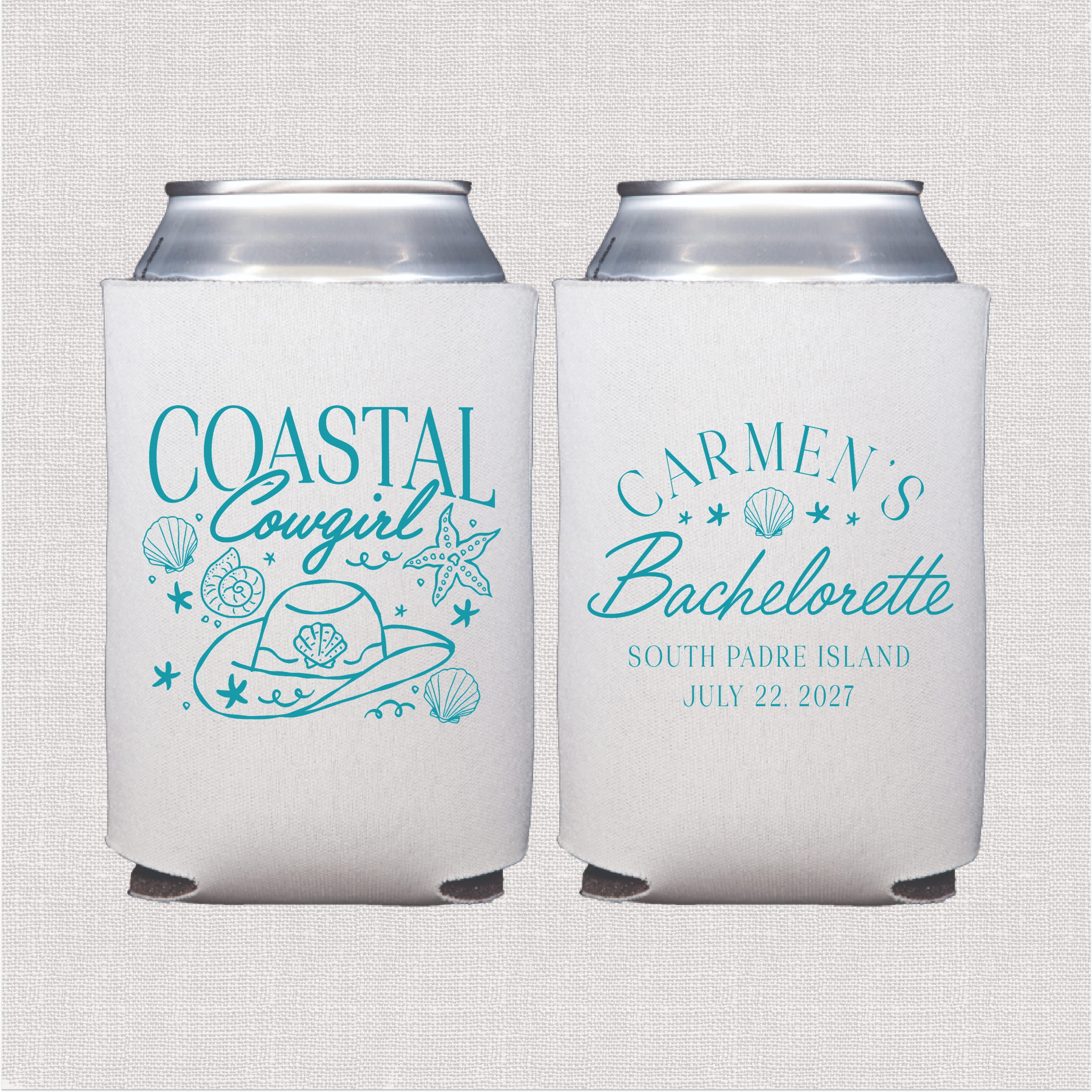 Coastal Cowgirl personalized bachelorette can cooler - front and back design on white can cooler