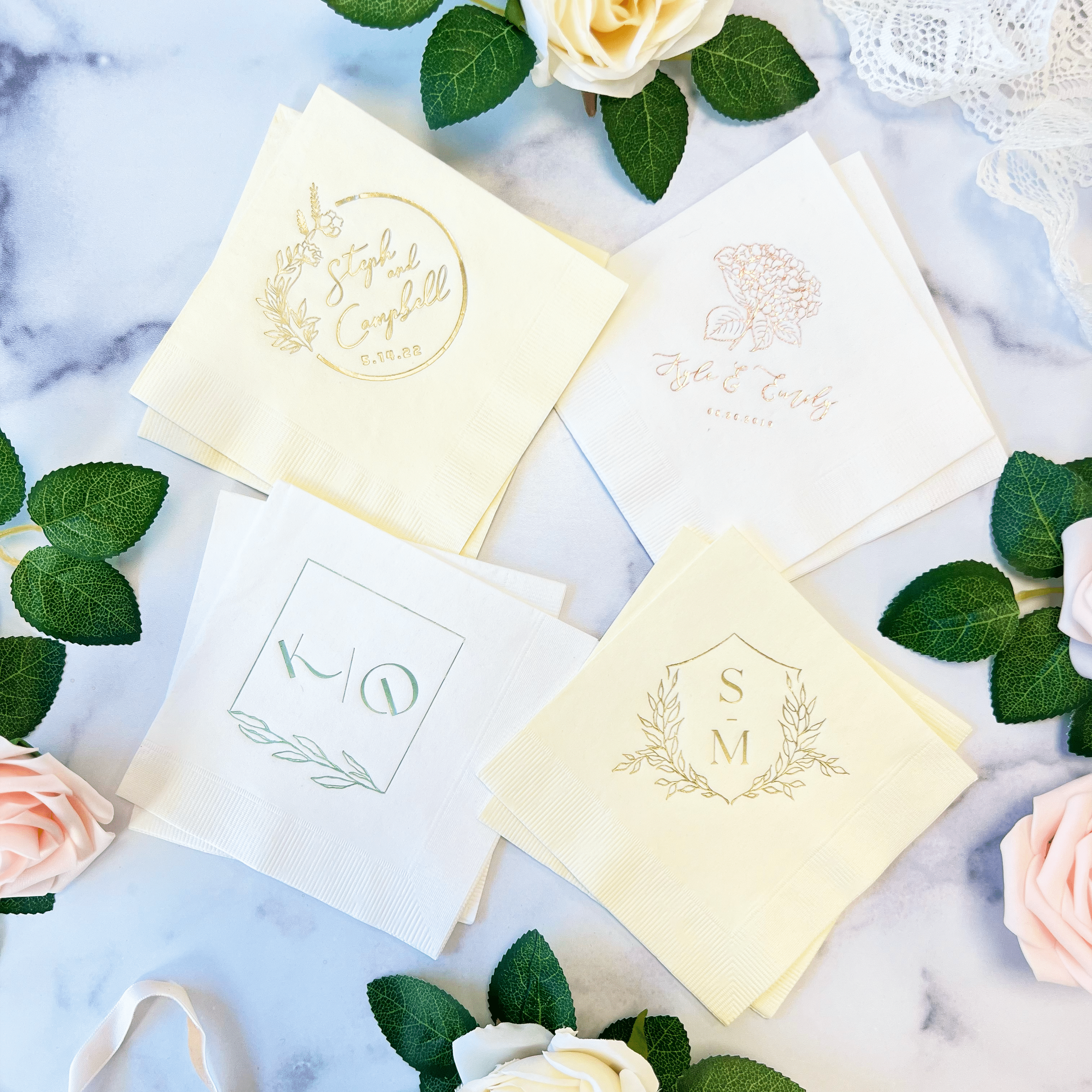 Floral Monogram Wedding Napkins - Napkins - Foil Stamped