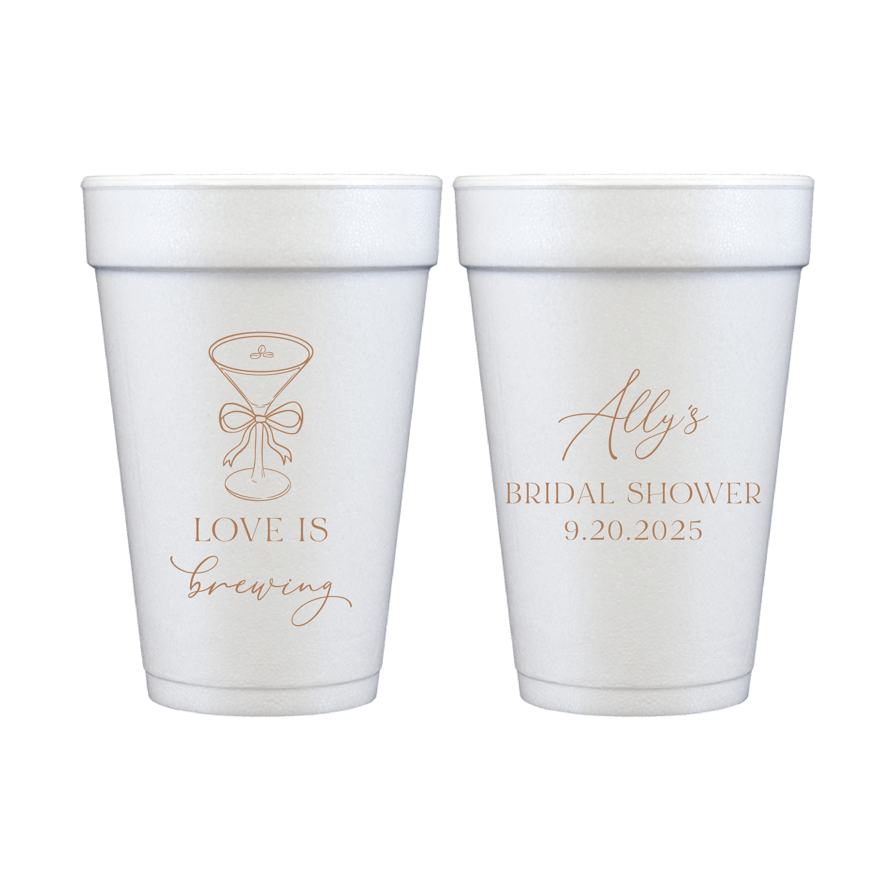 Pair of white foam cups with rose gold foil design featuring "Love Is Brewing" text, halo and bow graphic, and personalized "Ally's Bridal Shower 9.20.2025" on reverse side.