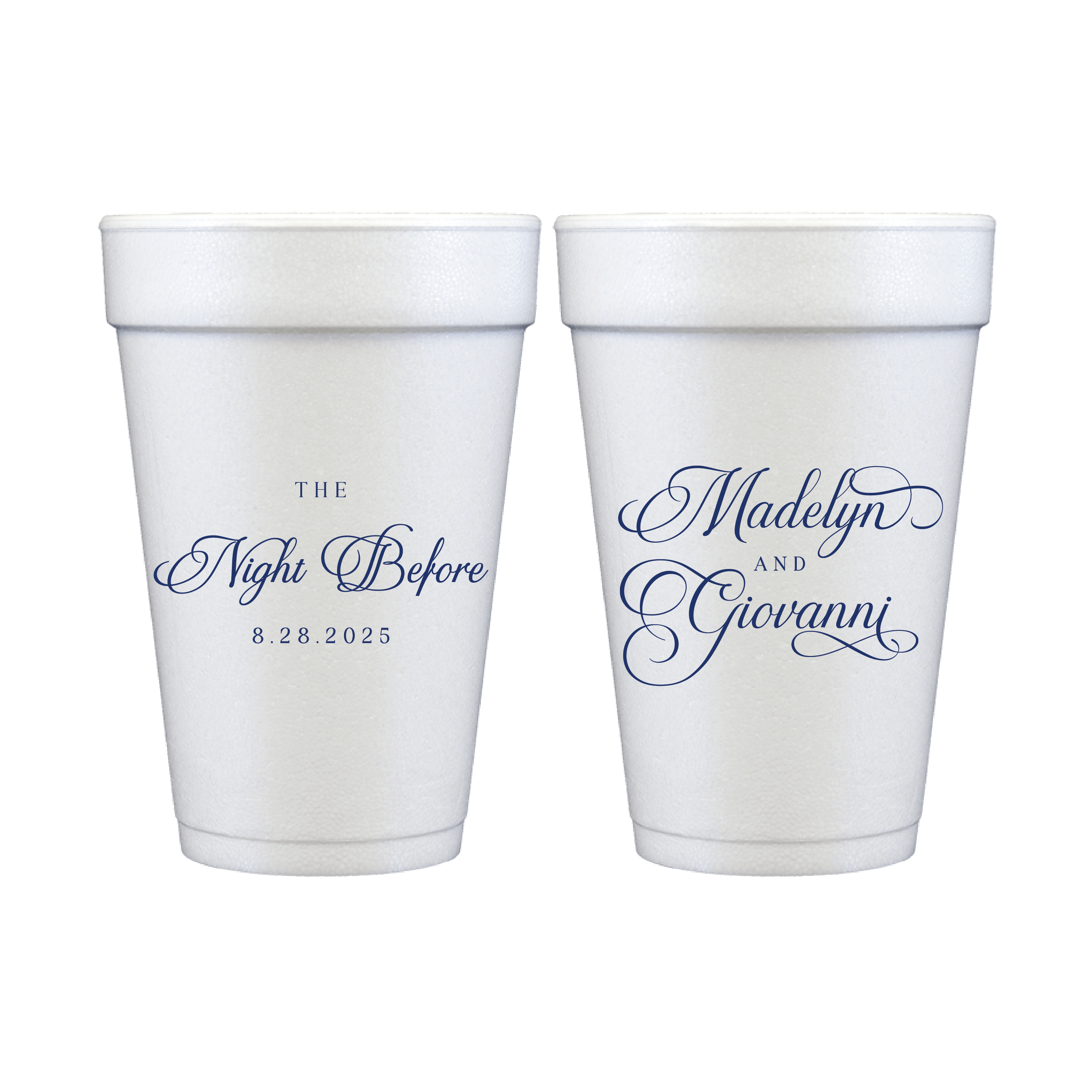 Two white foam cups with navy blue script text reading "The Night Before" and date on one cup, "Madelynn and Giovanni" on the other.