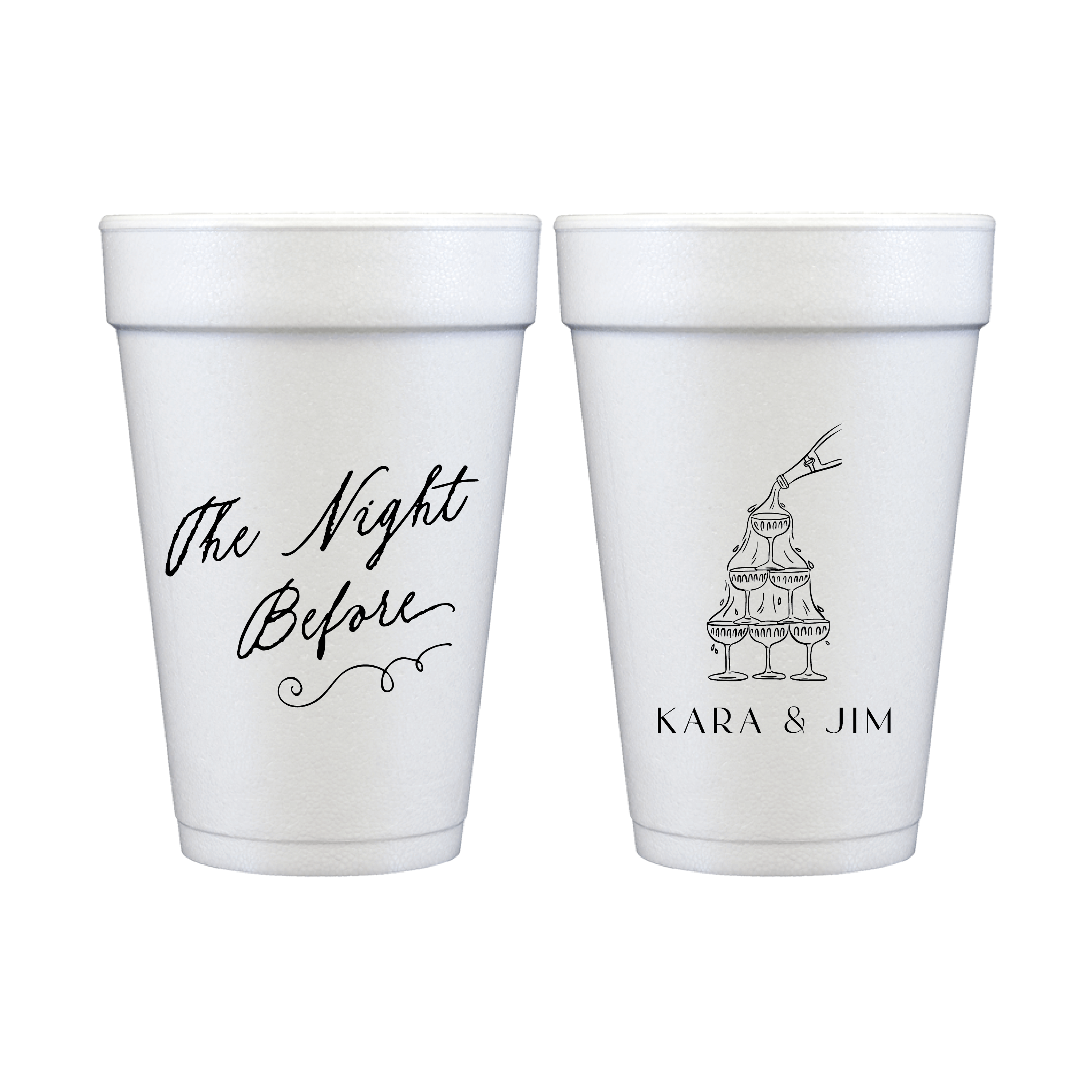 Two white foam cups with "The Night Before" script text on one side and a tiered cake with "KARA & JIM" names on the reverse.