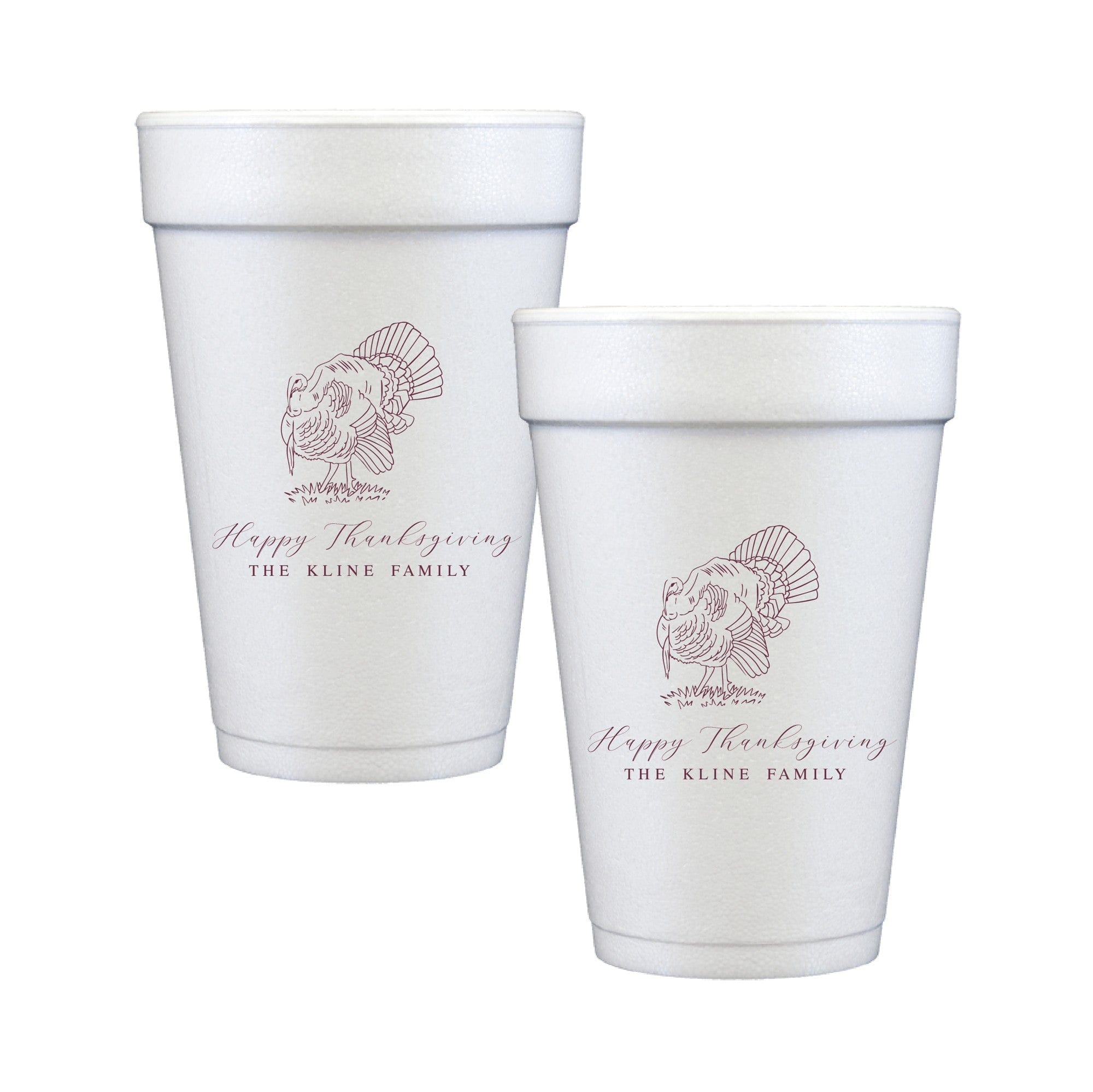 Two white foam cups in different sizes, featuring a detailed reddish-brown line art illustration of a turkey, ideal for a personalized Thanksgiving celebration.