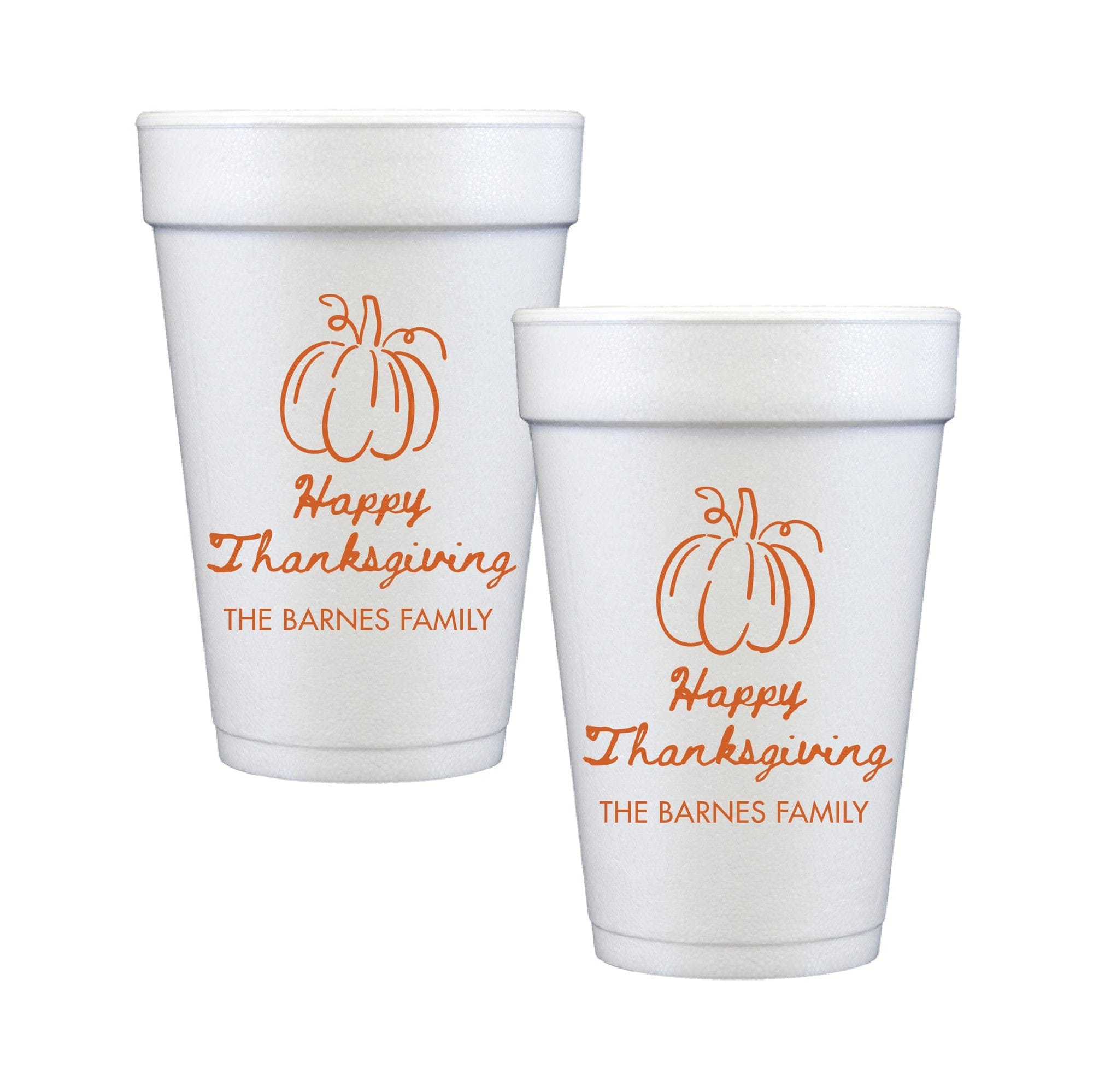 A set of white foam cups featuring a festive orange pumpkin design, ideal for a Thanksgiving celebration.