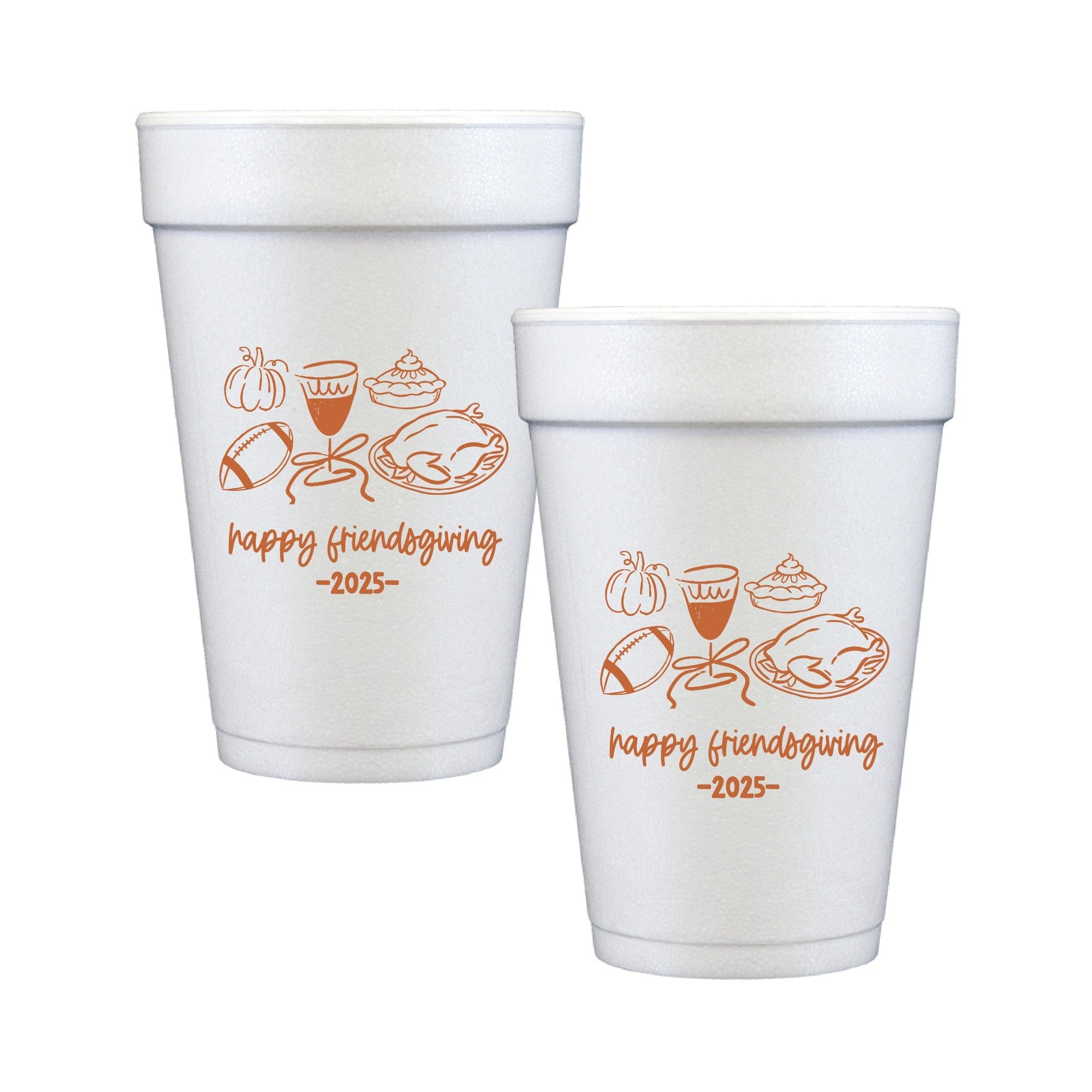 Two white foam cups feature orange autumn-themed illustrations of pumpkins, a wine glass, pie, a football, and a roasted turkey, suitable for a festive fall event.
