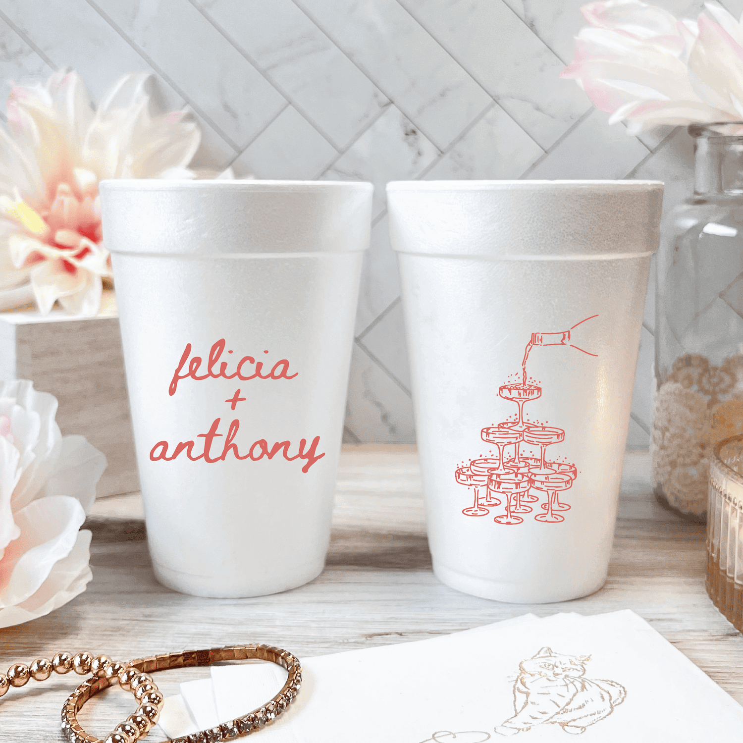 Champagne Tower Personalized Foam Wedding Cups - Cup - Foam