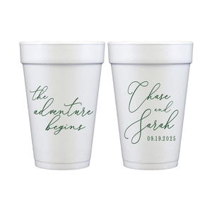 The Adventure Begins Personalized Foam Wedding Cups
