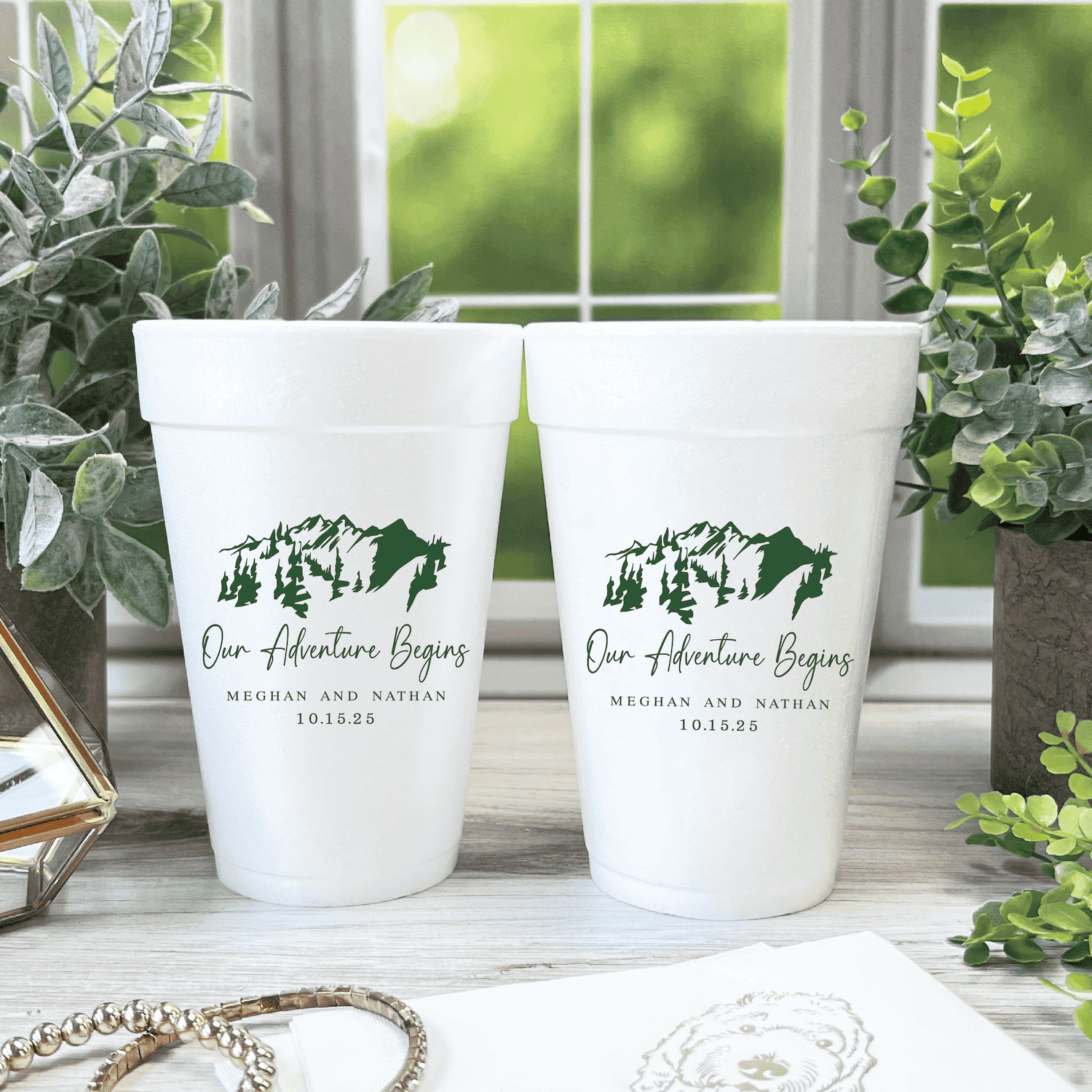 Our Adventure Begins Personalized Foam Wedding Cups - Mountains