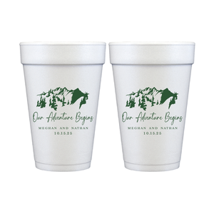 Our Adventure Begins Personalized Foam Wedding Cups - Mountains