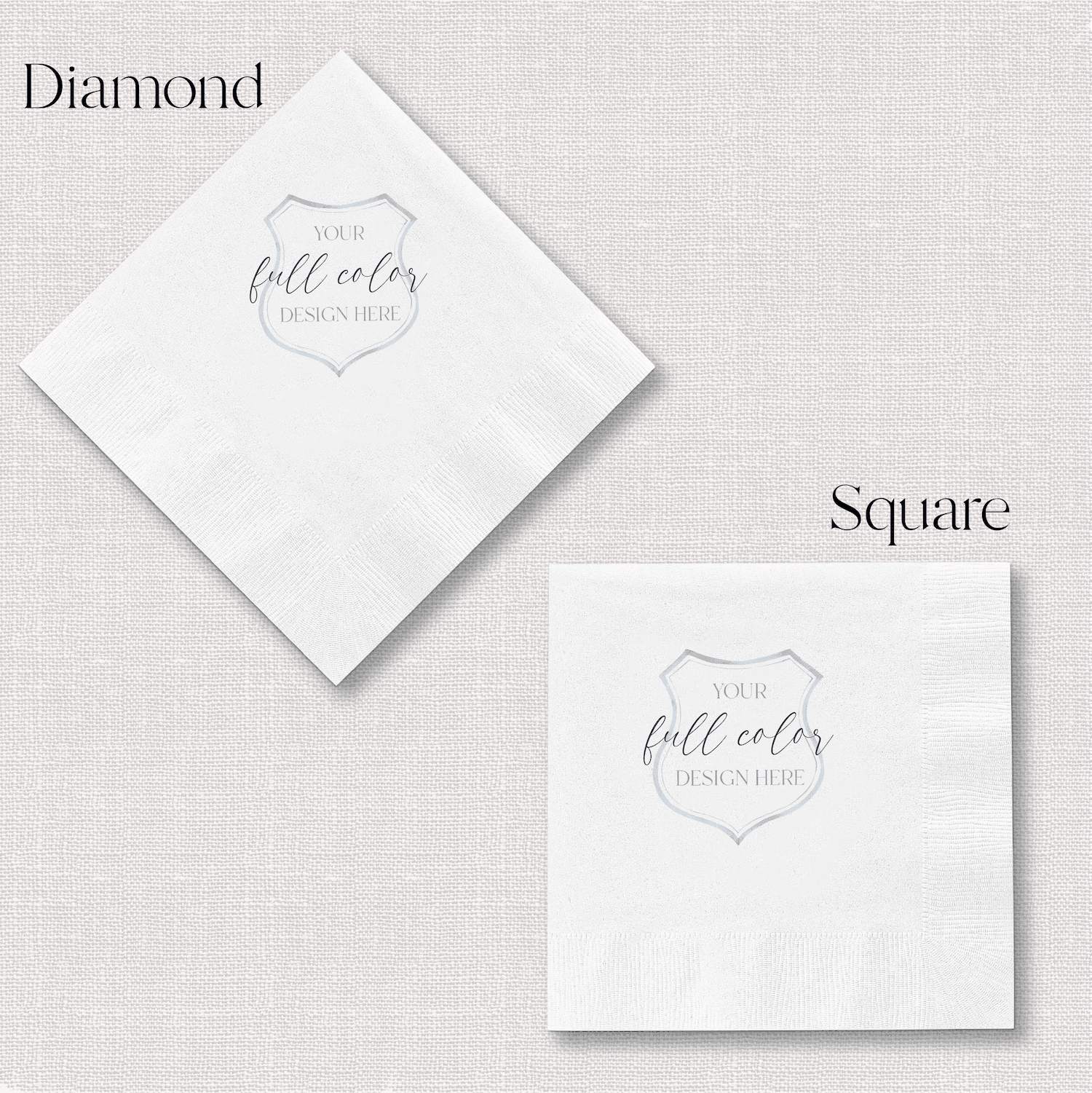 White napkins in diamond and square shapes with full color design placeholder text printed in center.