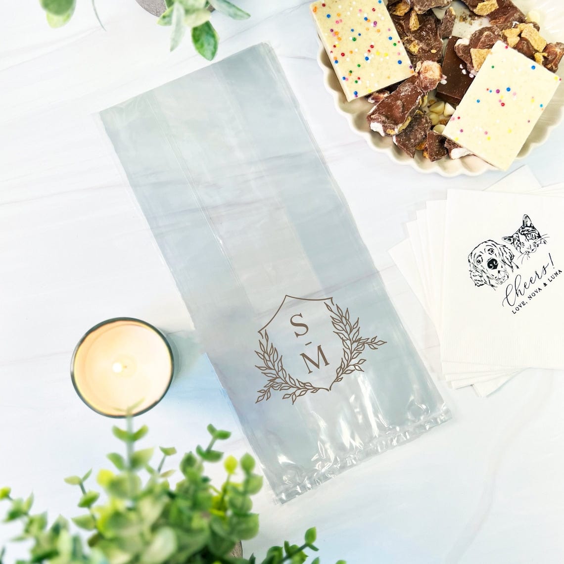 Custom Initials Personalized Wedding Cellophane Bags - Favor Bags