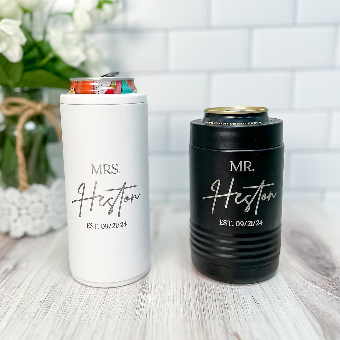 Personalized Mr and Mrs Can Cooler Gift Set
