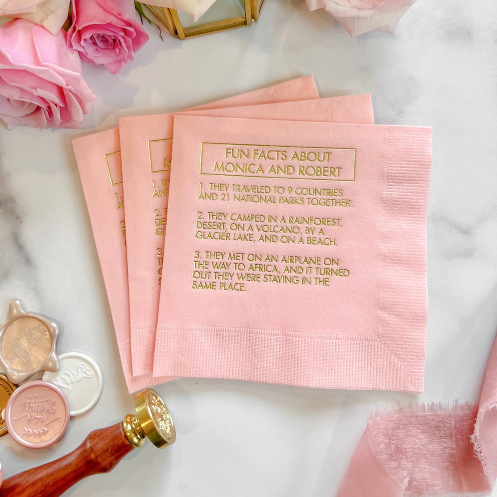 Custom Wedding Napkins with Fun Facts - Napkins - Foil Stamped - Fun Fact