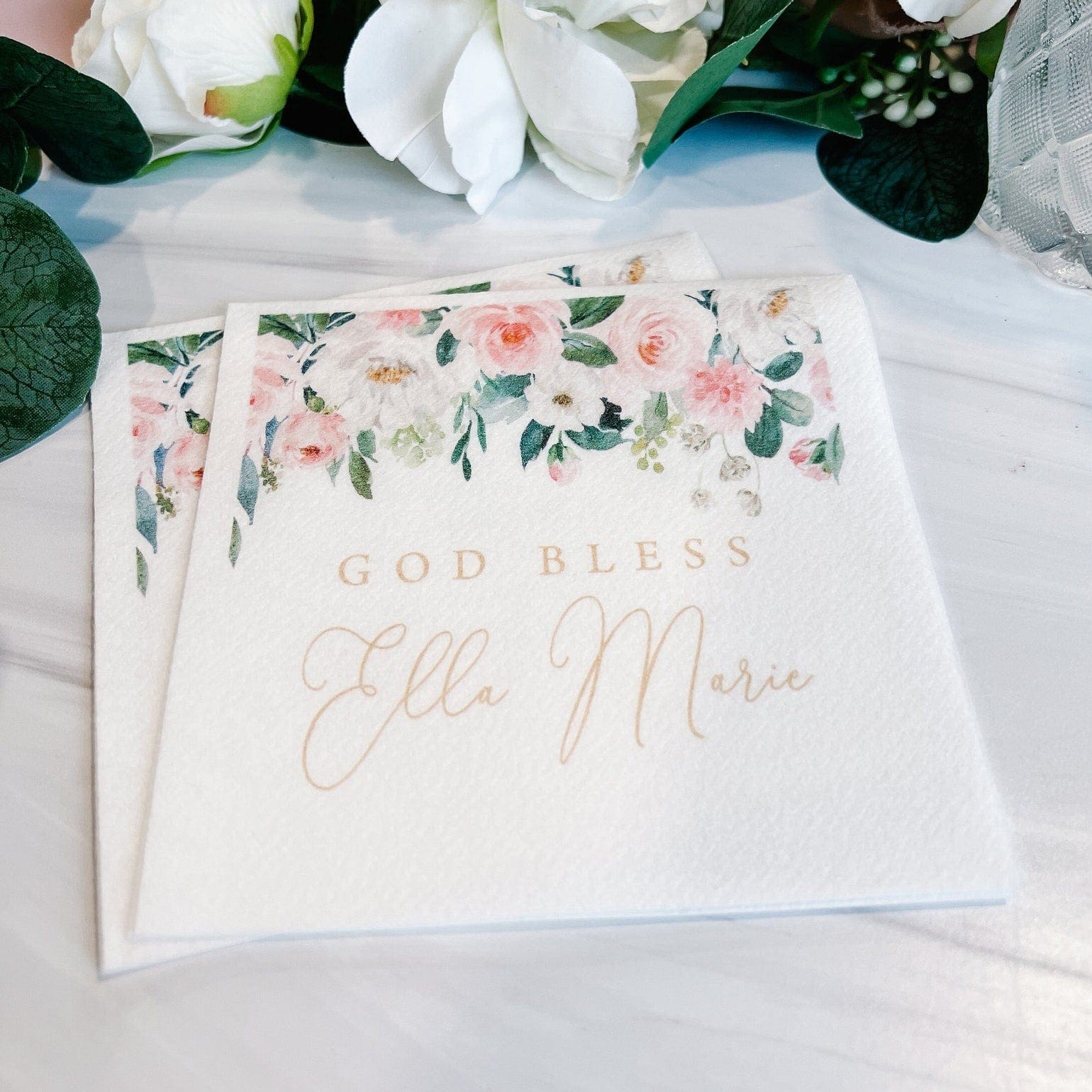 Pink Floral God Bless Religious Full Color Napkins - Napkins - Full Color