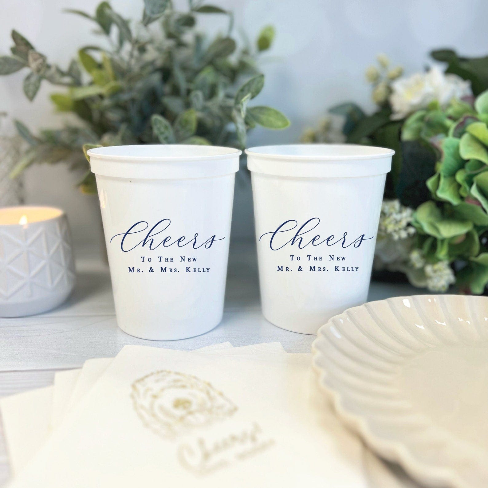 Cheers to the New Mr and Mrs personalized wedding stadium cups