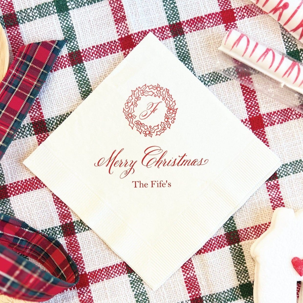 Merry Christmas Wreath Personalized Napkins - Napkins - Foil Stamped