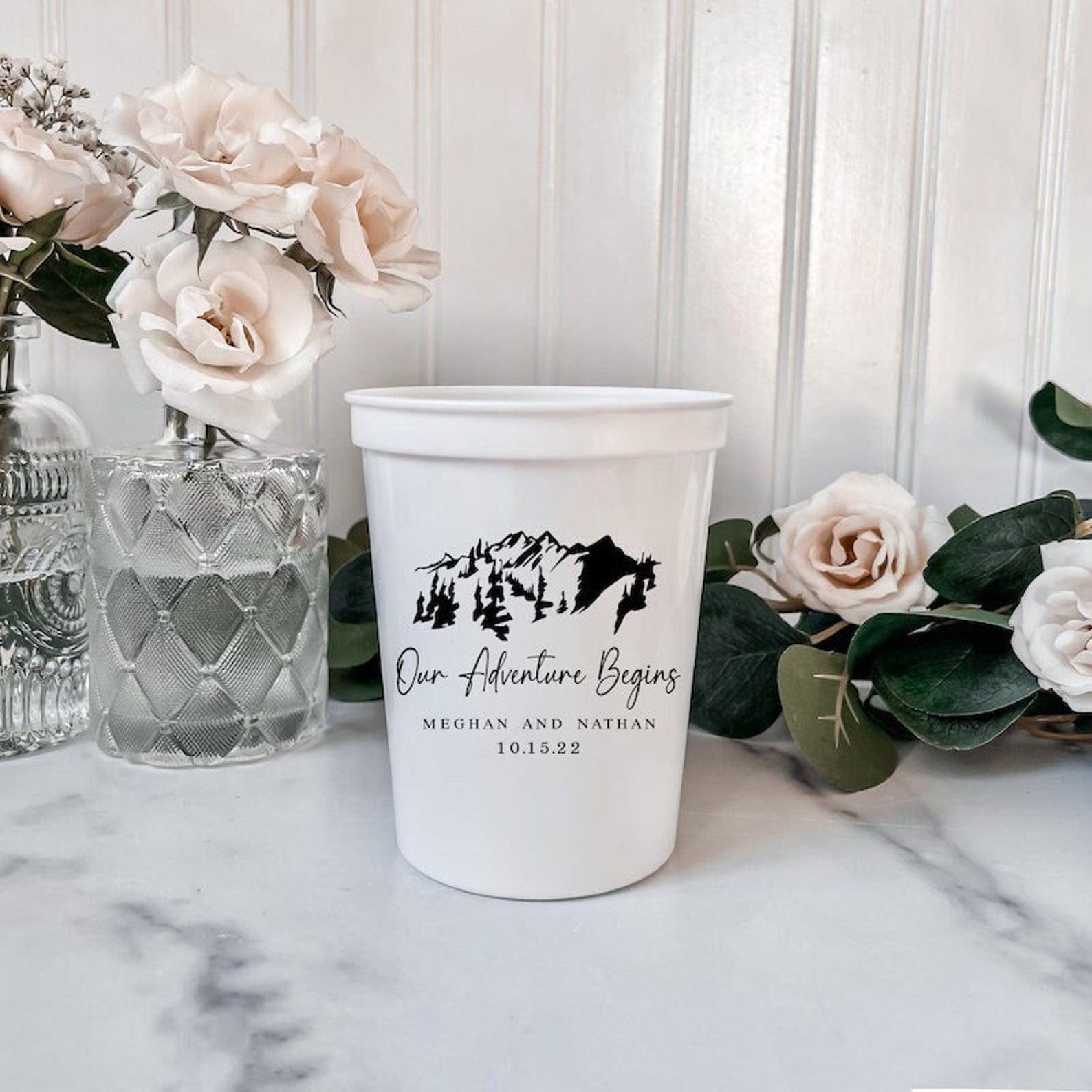 Our Adventure Begins personalized wedding stadium cups with mountain design