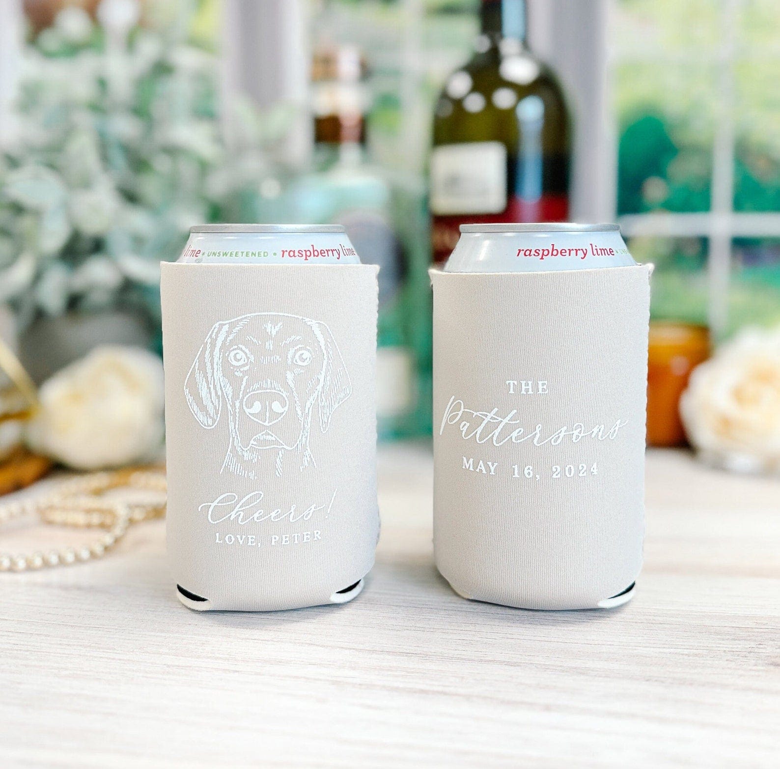 Wedding Can Holder with Custom Dog Portrait - Can Cooler - Pet
