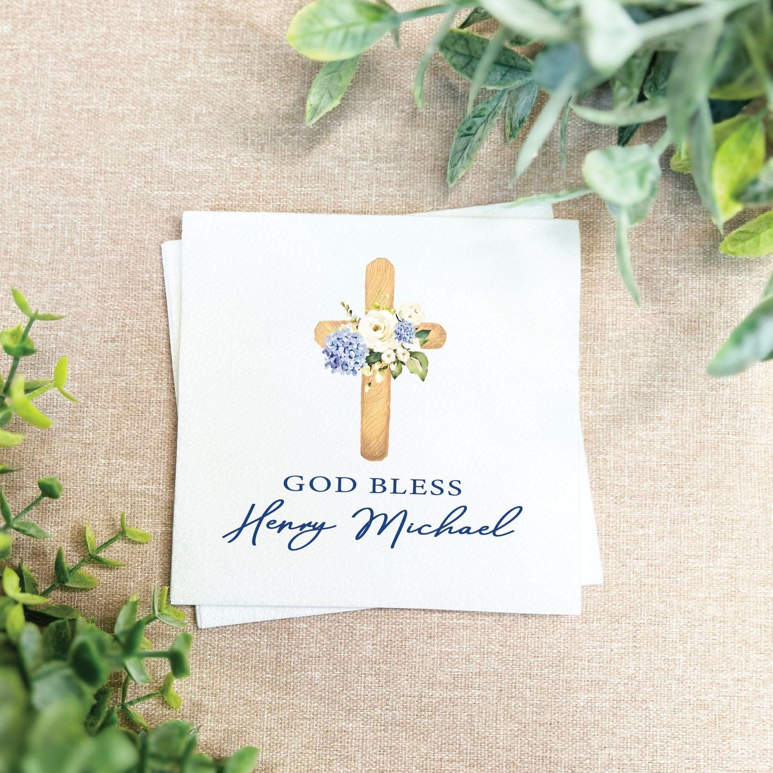 Blue Floral Cross Religious Full Color Napkins - Napkins - Full Color