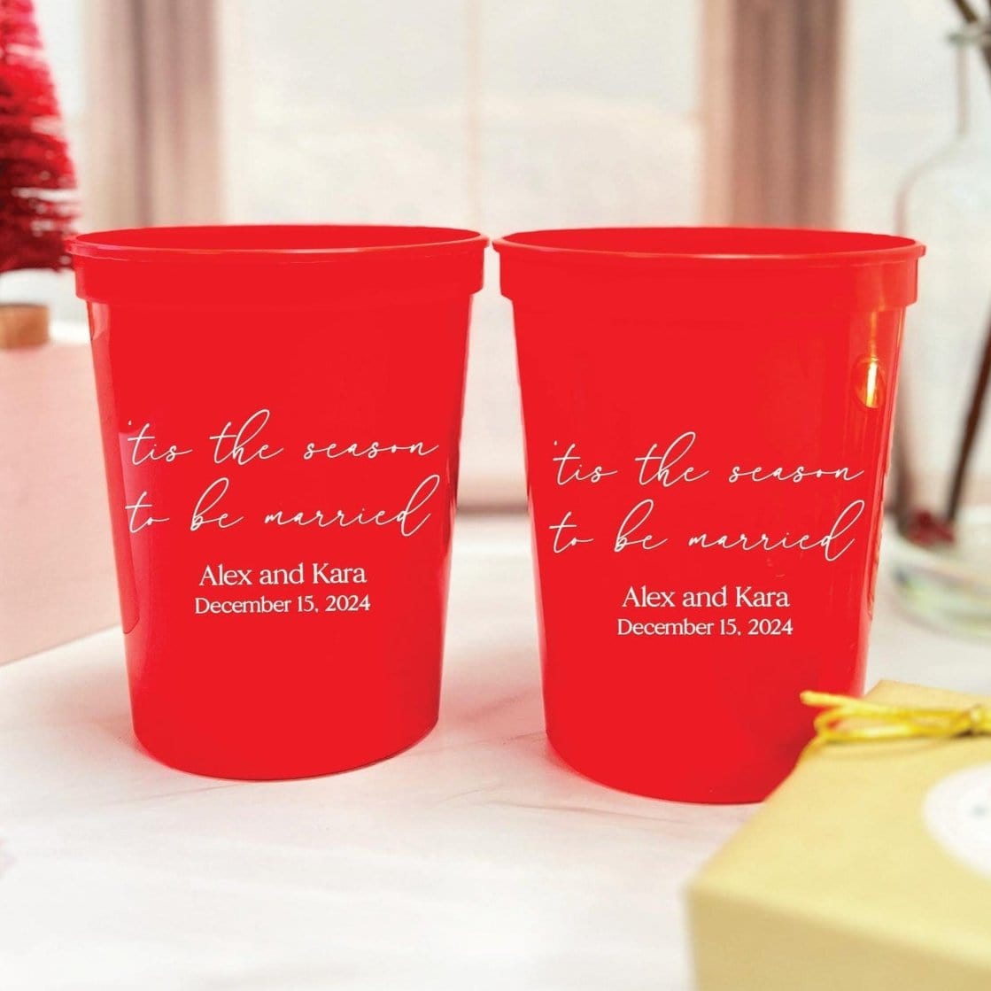 Tis the Season to be Married stadium cups with couple names and date