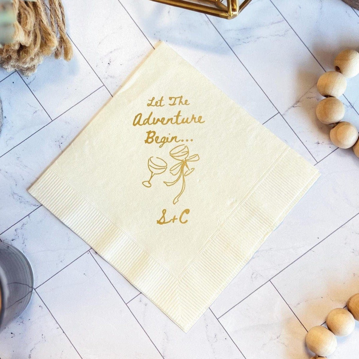 Let The Adventure Begin wedding napkins with foil design