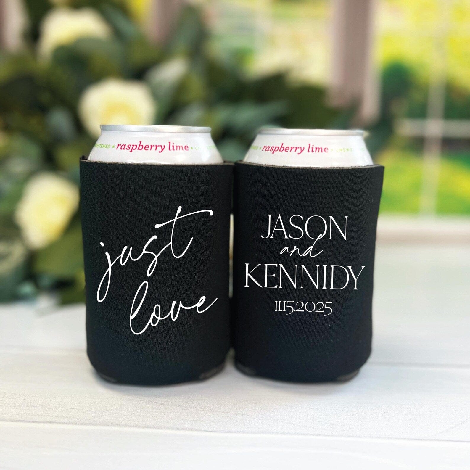 Just Love wedding can coolers with names and date