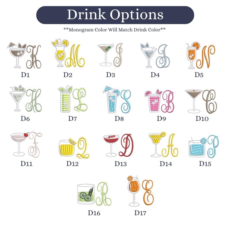 Drink Options monogram color chart showing 17 cocktail glass designs with different colored monogram letters for personalization on canvas tote bags.