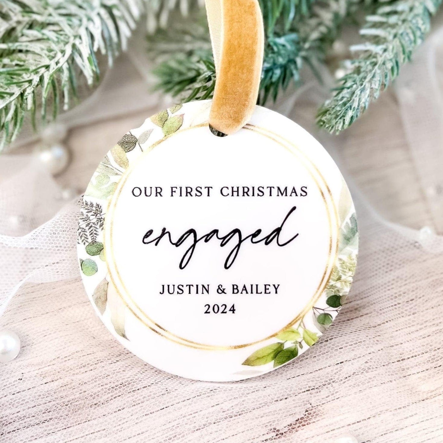 Our First Christmas Engaged Greenery Ornament