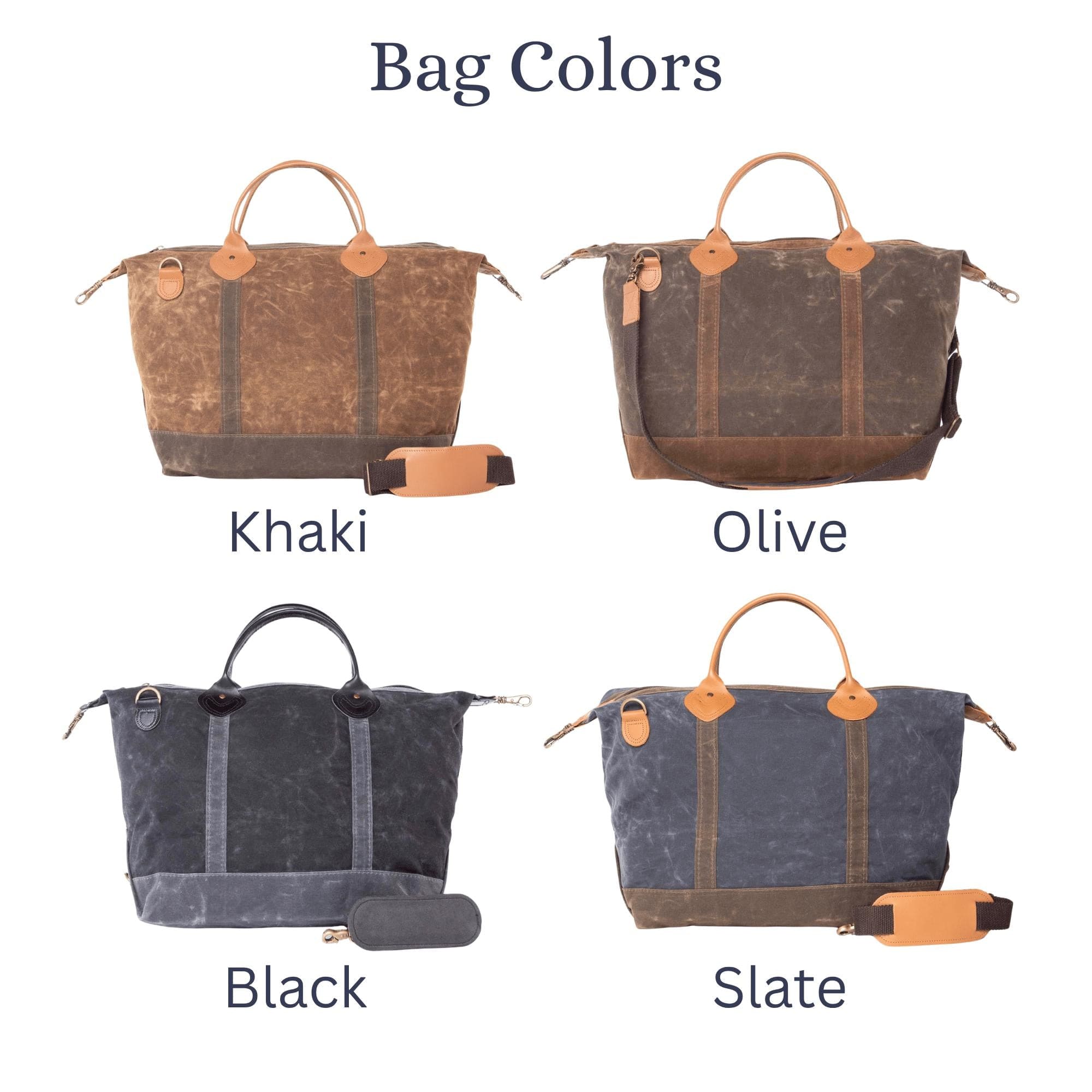 Four waxed canvas weekender bags in khaki, olive, black, and slate with tan leather handles and trim, each shown with a matching small dopp bag.