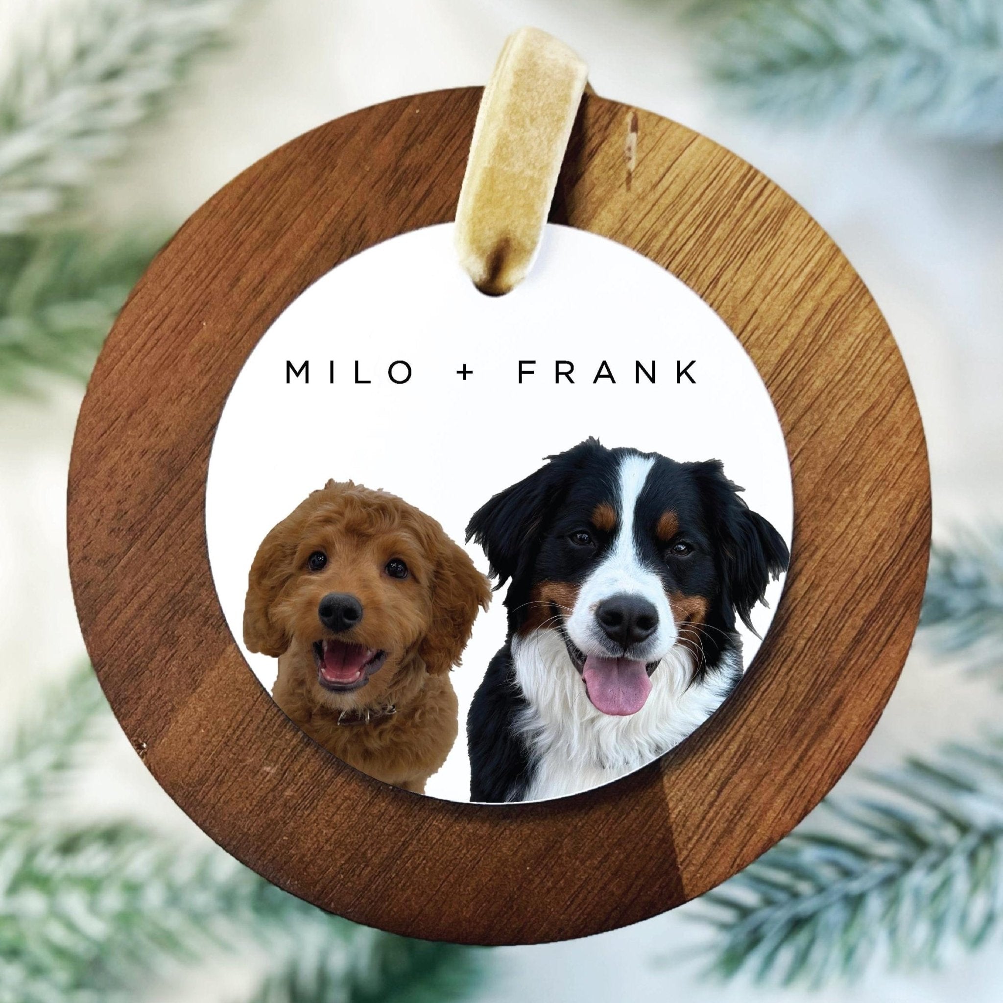 Wooden circular ornament with two smiling dogs and personalized names "MILO + FRANK" printed above, displayed with evergreen branches
