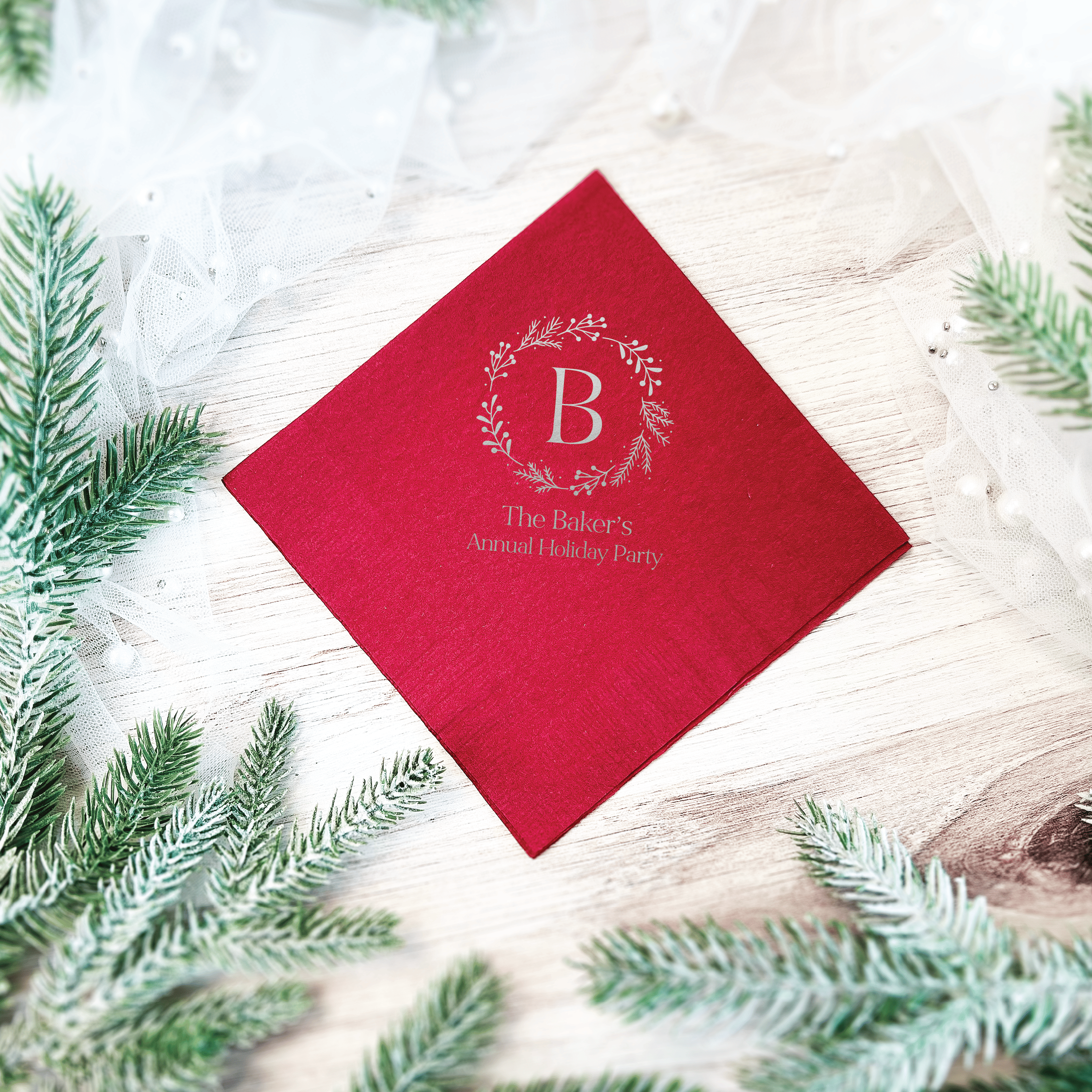 Christmas Wreath Monogram Personalized Napkins - Napkins - Foil Stamped