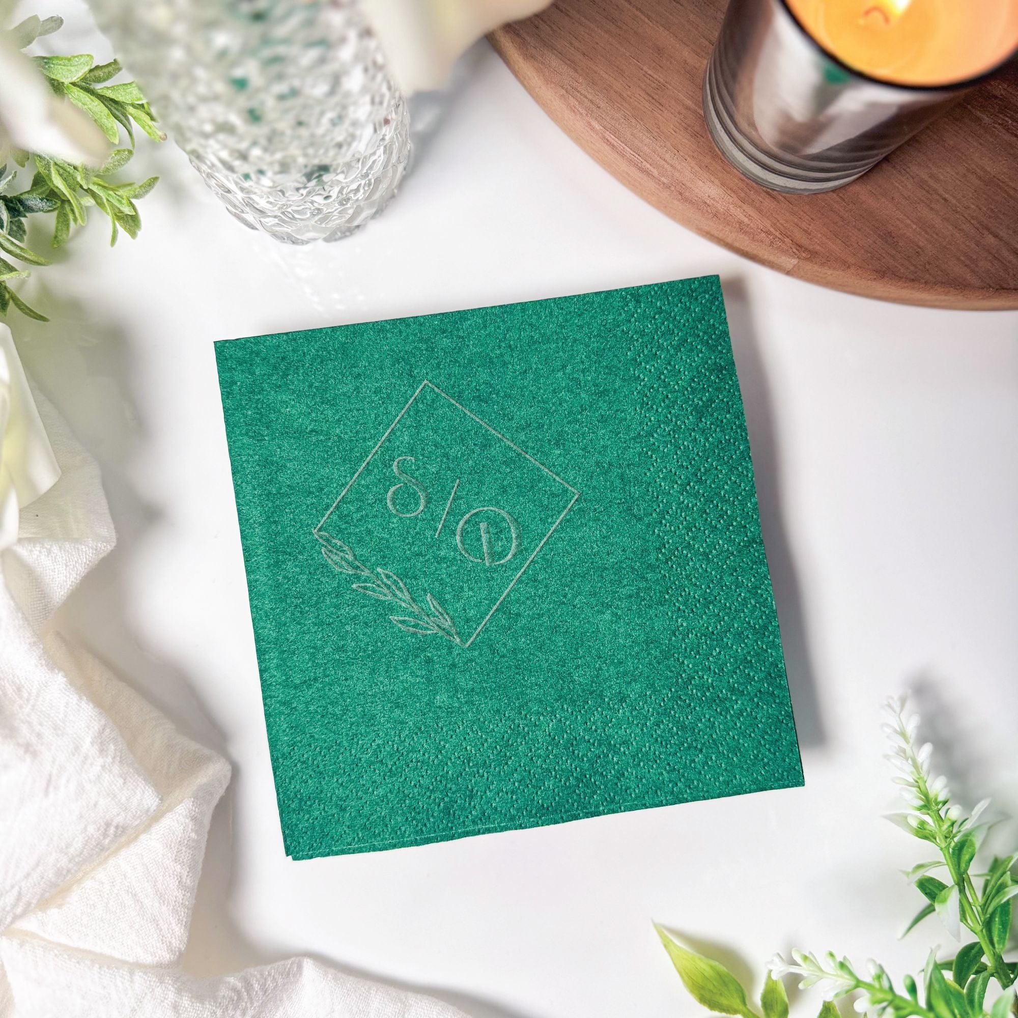 Personalized Embossed Cocktail Napkin Botanical Diamond Frame Monogram Emerald Green – Rubi and Lib