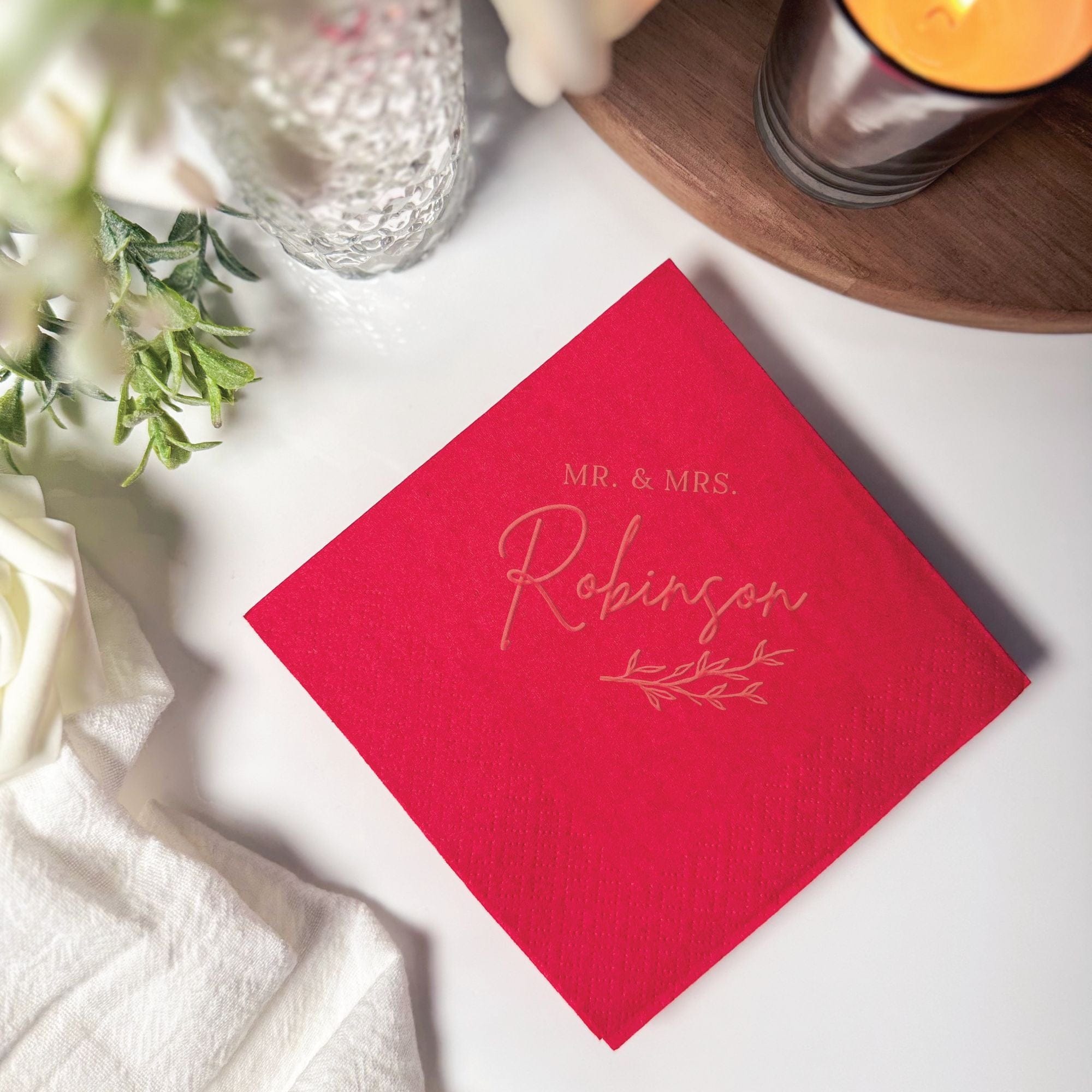 Personalized Embossed Cocktail Napkin Botanical Script Red with Gold Lettering – Rubi and Lib