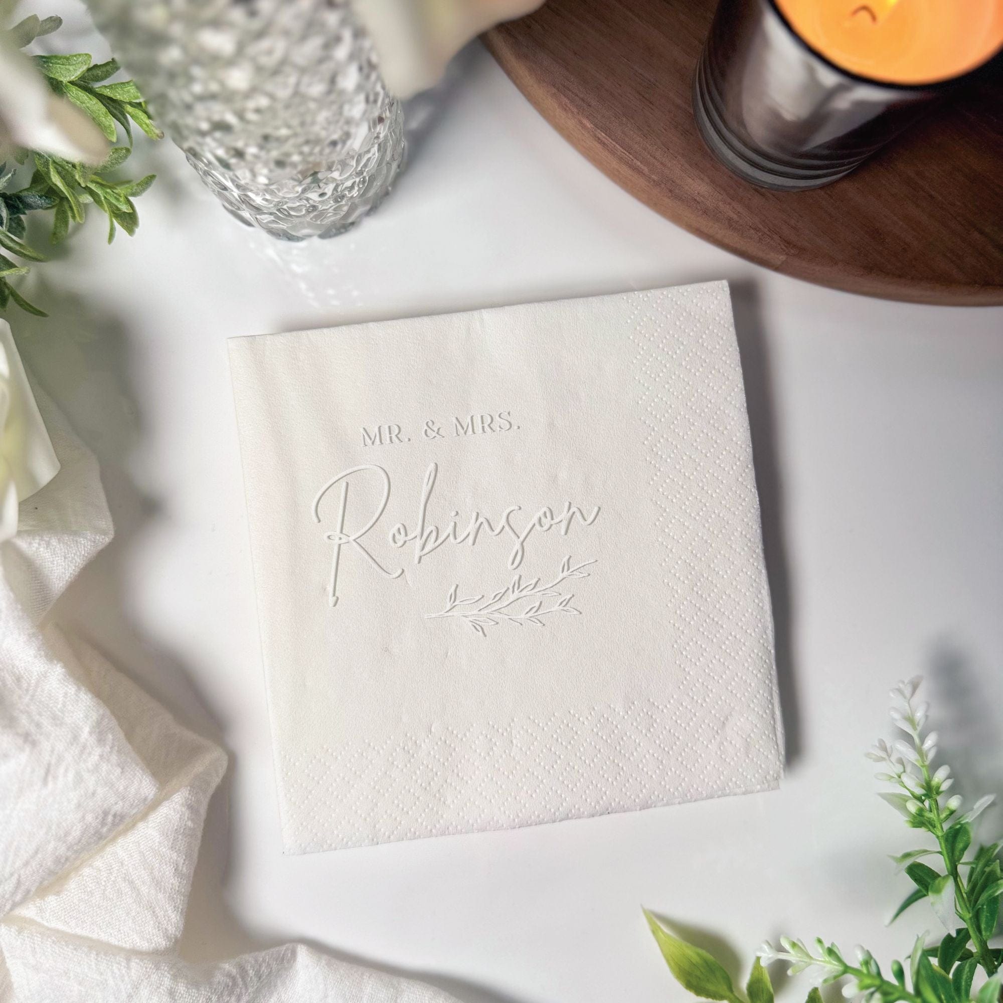 Personalized Embossed Cocktail Napkin Botanical Script White Tone on Tone Emboss Flat Lay – Rubi and Lib