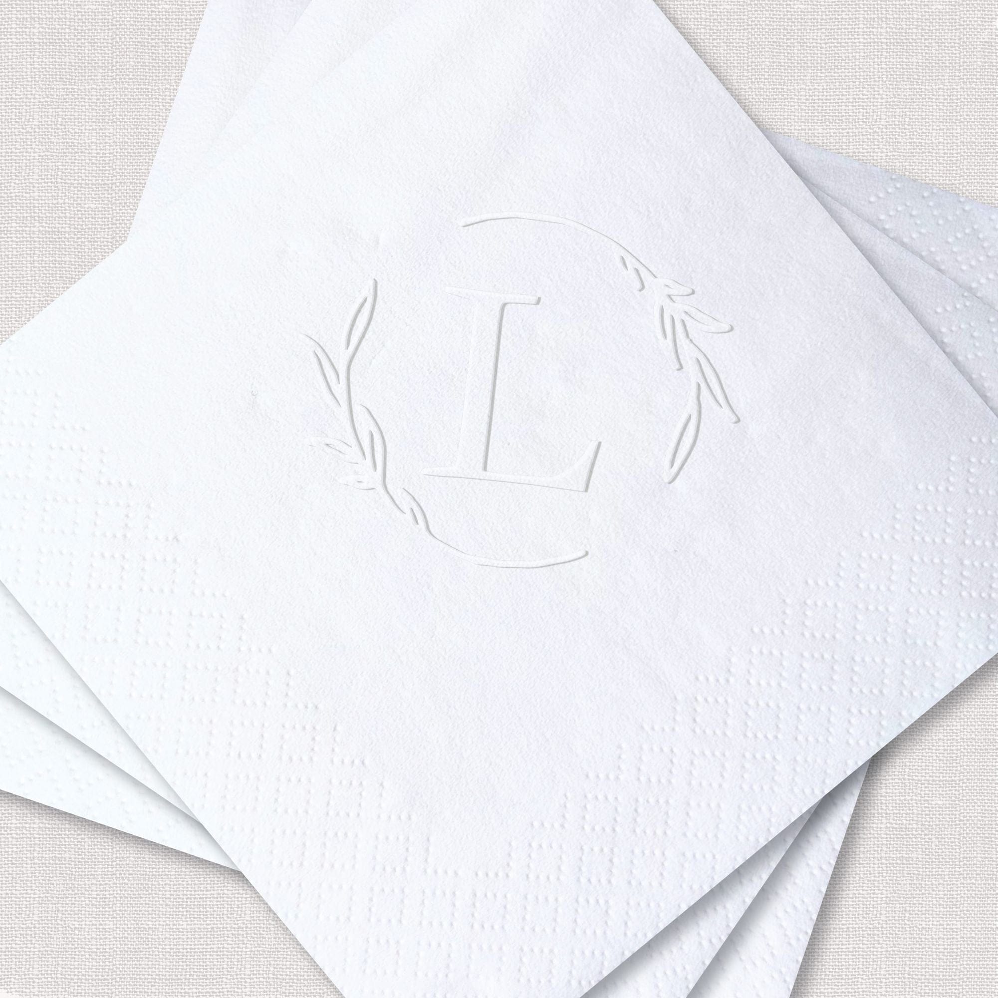 Personalized Embossed Cocktail Napkins — Leafy Wreath Monogram