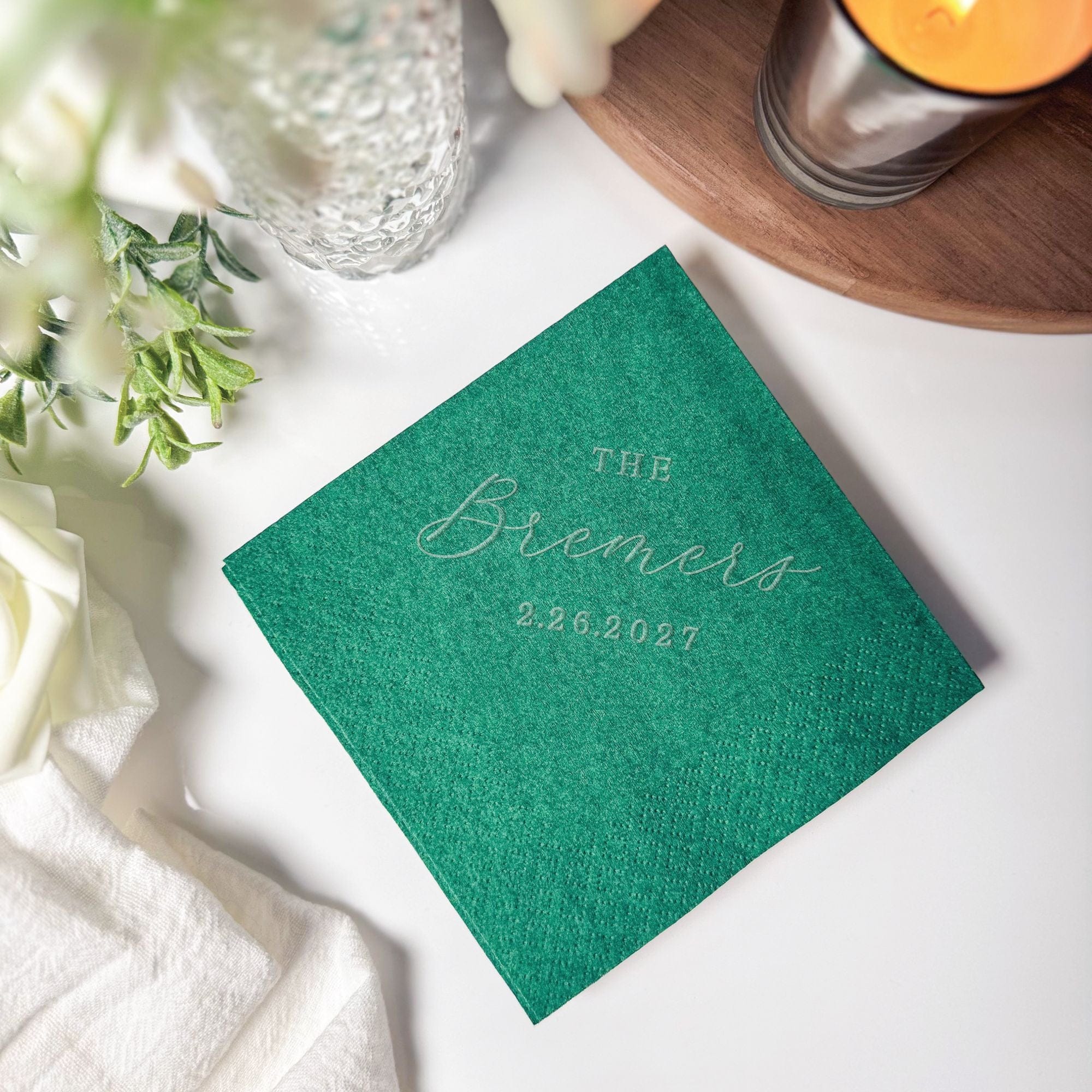 Personalized Embossed Cocktail Napkin Script Surname and Date Emerald Green – Rubi and Lib