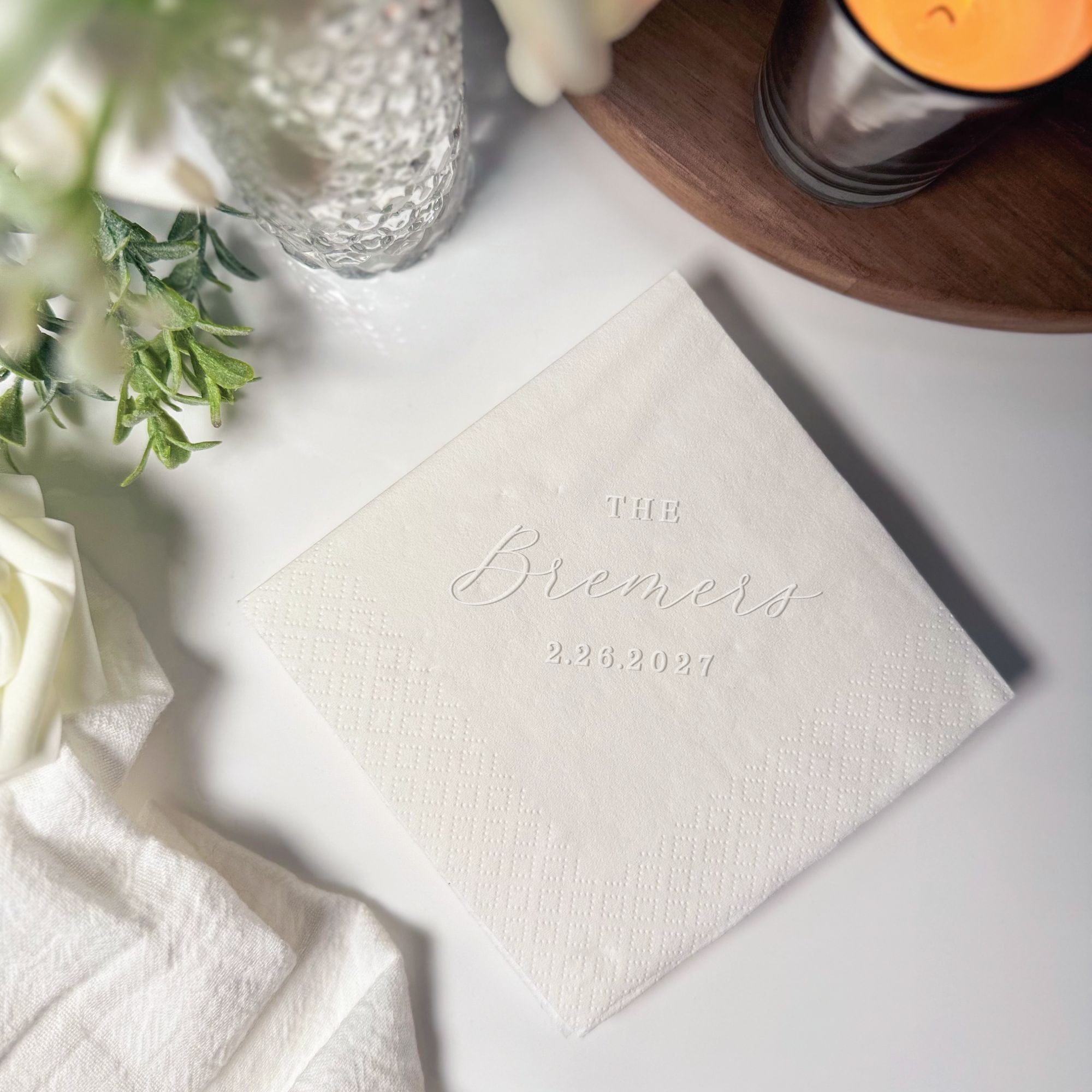 Personalized Embossed Cocktail Napkin Script Surname and Date Ivory White – Rubi and Lib