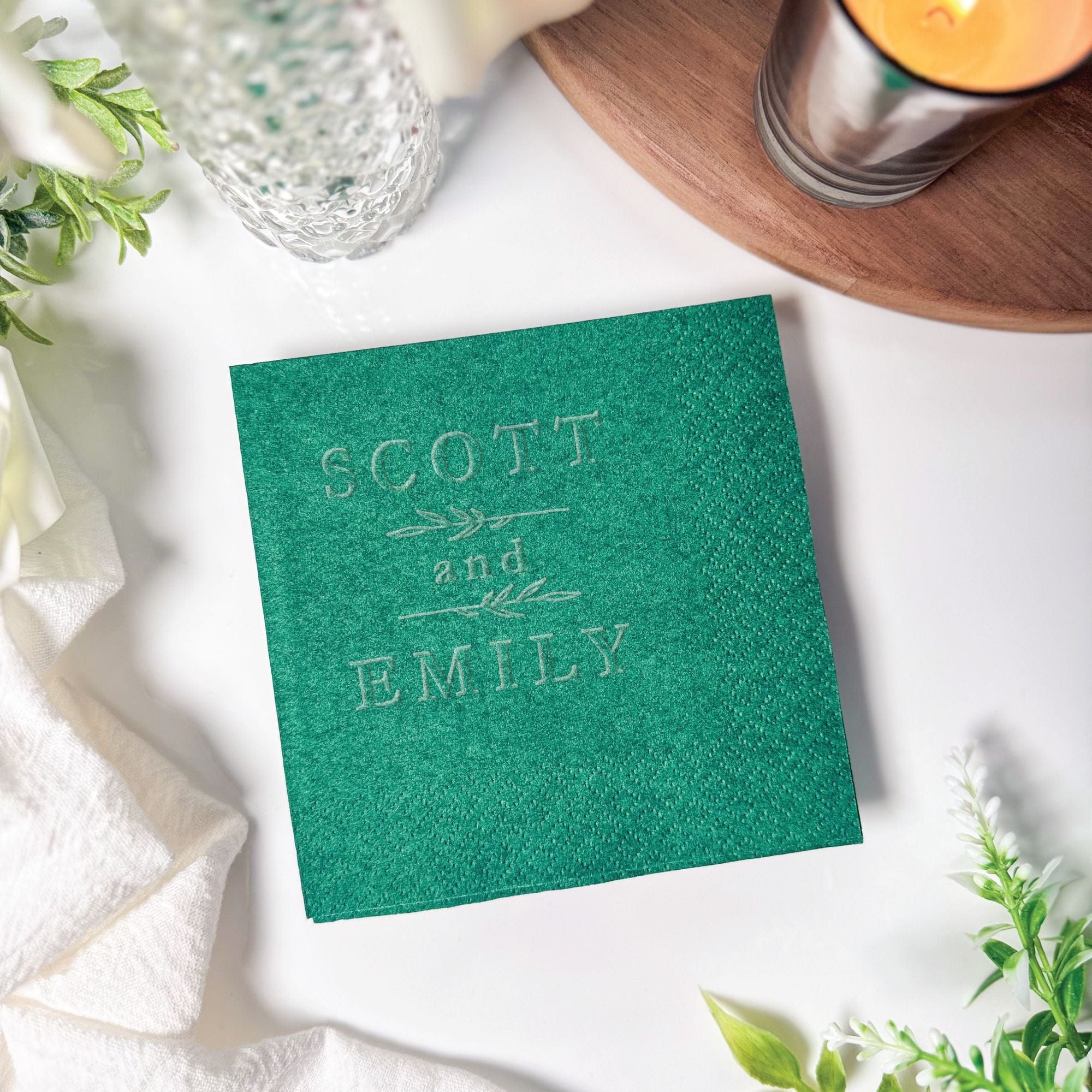 Personalized Embossed Cocktail Napkin Botanical Name Duo Emerald Green – Rubi and Lib