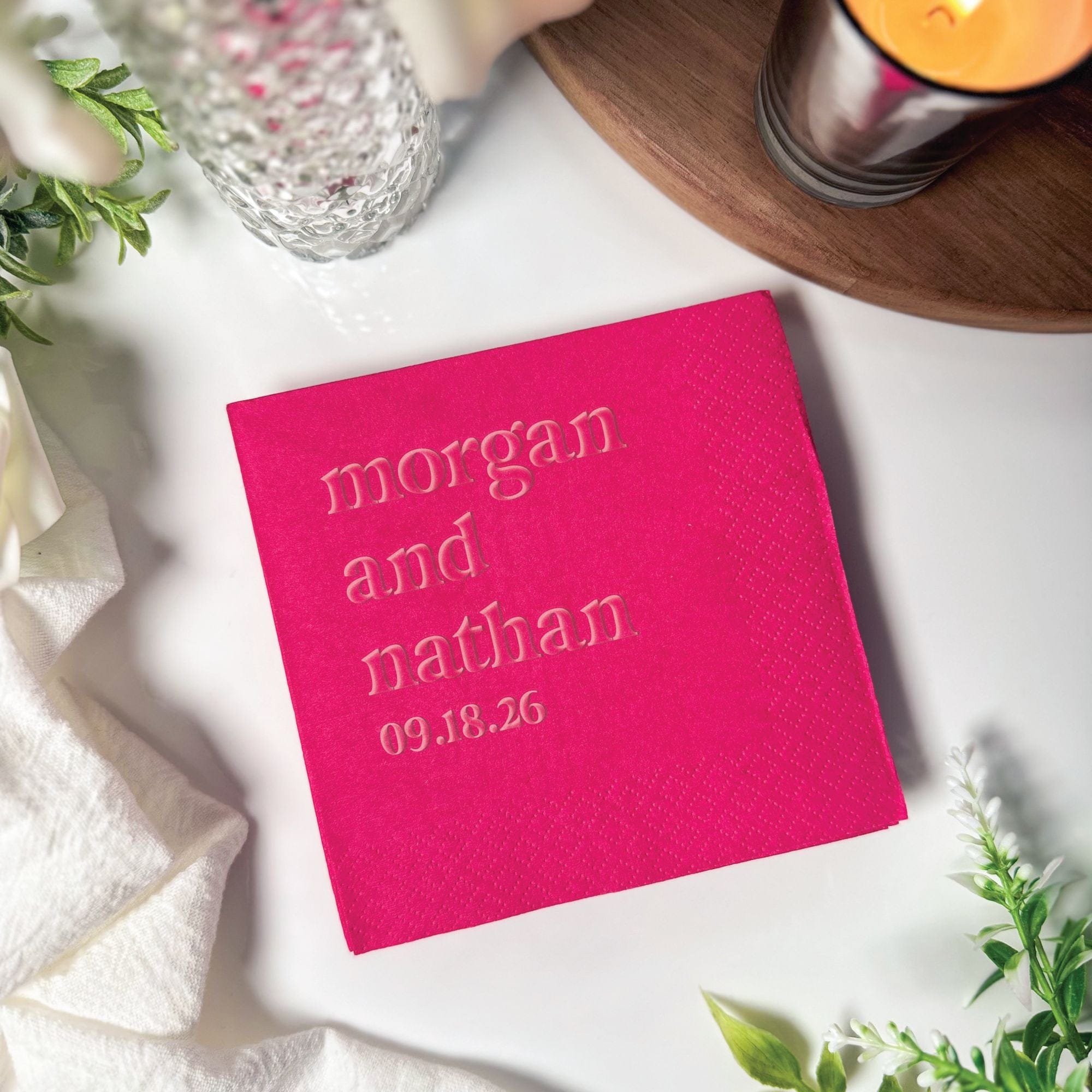 Personalized Embossed Cocktail Napkin Bold Name and Date Hot Pink – Rubi and Lib