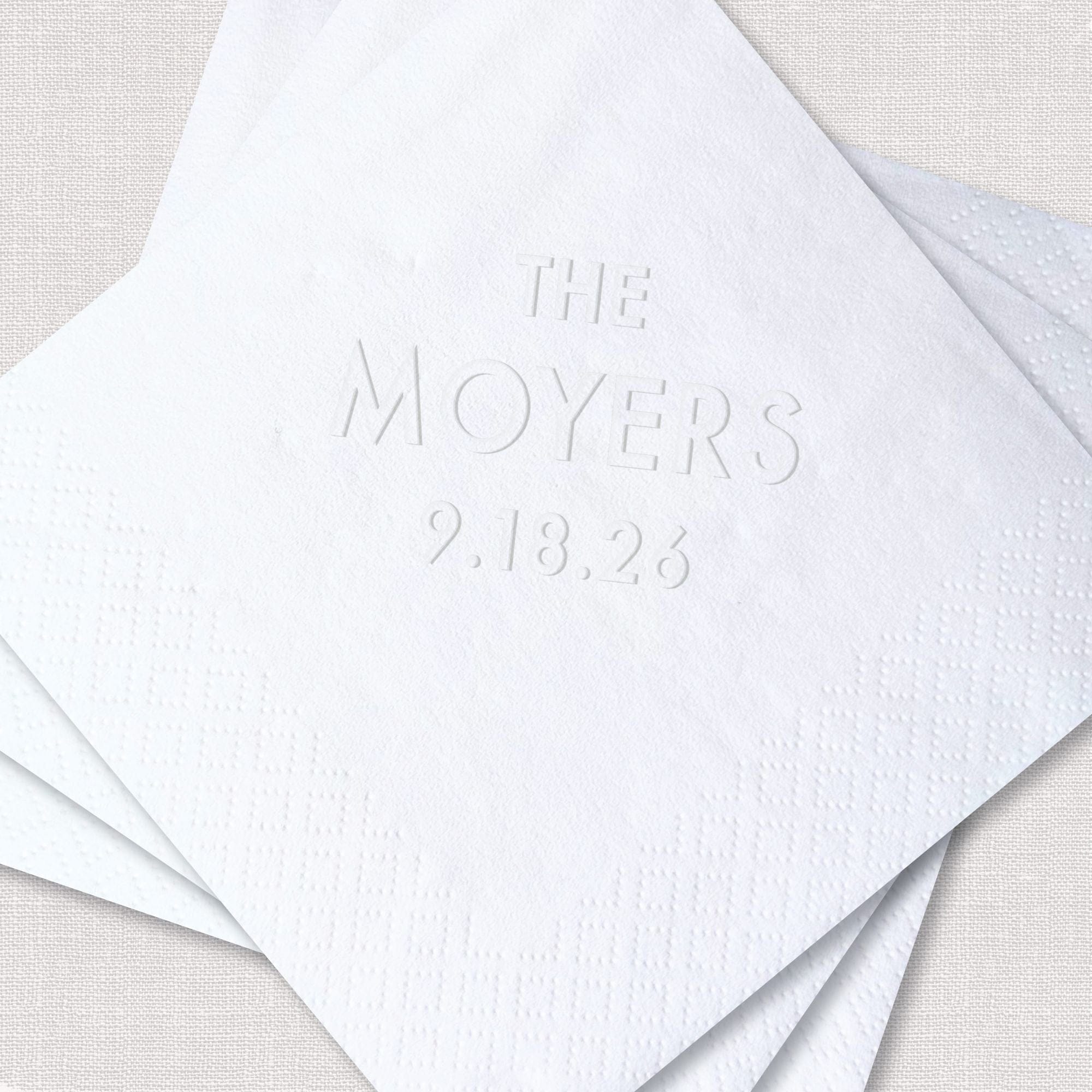 Personalized Embossed Cocktail Napkins Serif Surname Stacked Close-Up White – Rubi and Lib