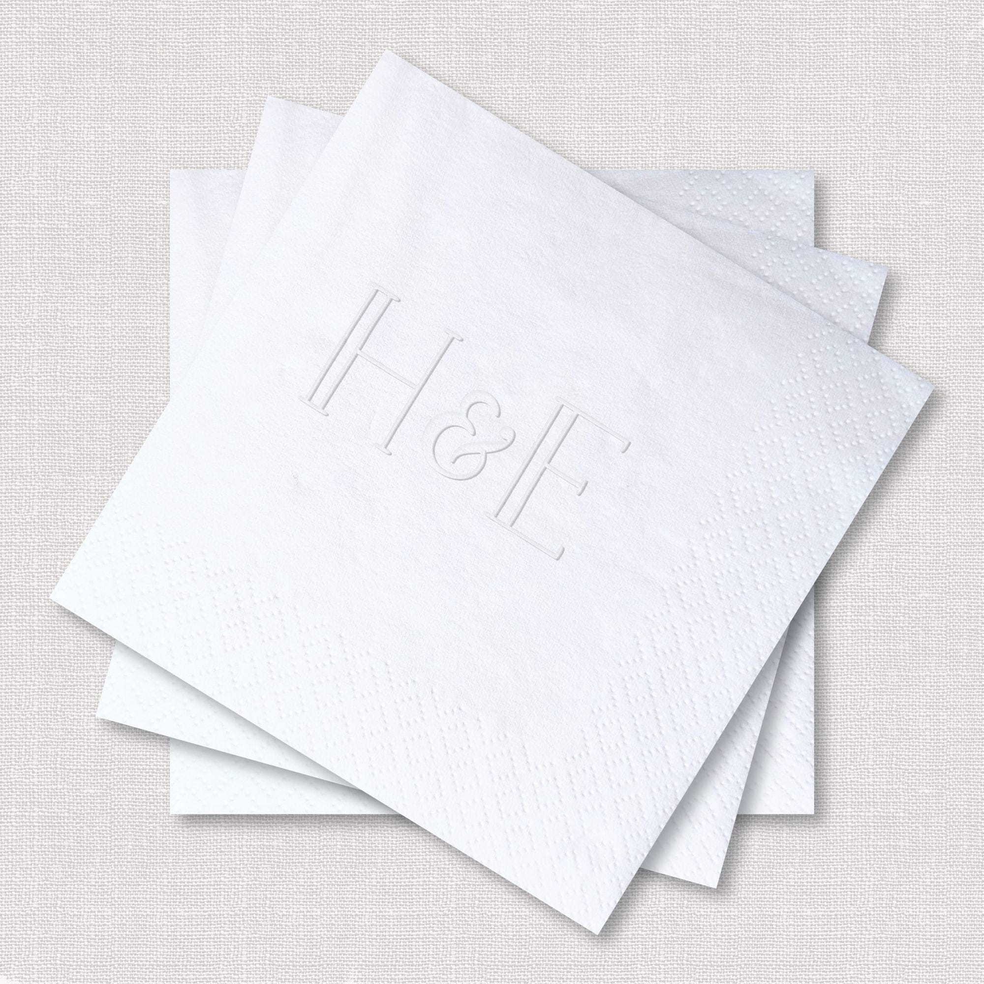 Personalized Embossed Cocktail Napkin Double-Stroke Serif H&E Monogram Stacked White Square – Rubi and Lib