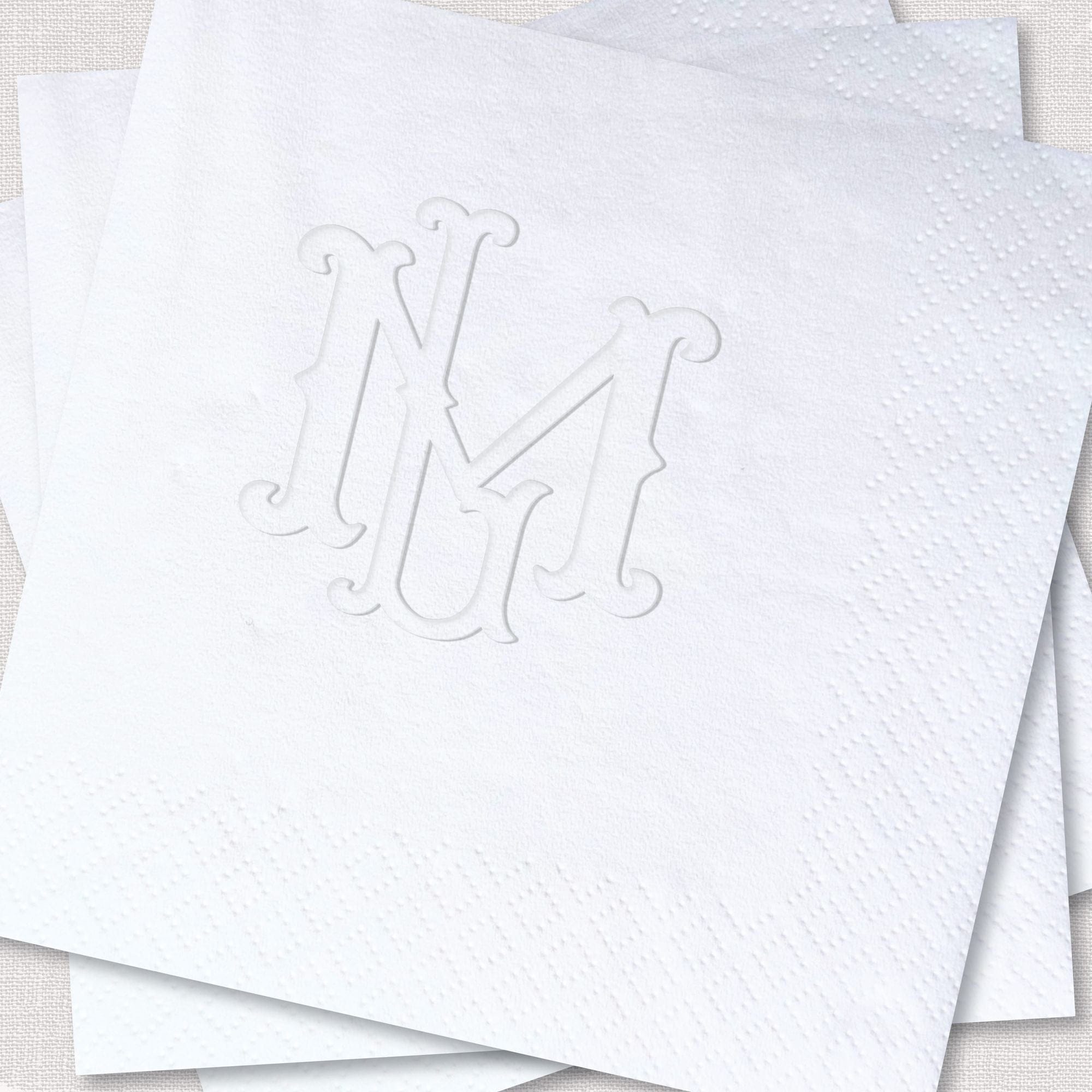 Personalized Embossed Cocktail Napkins Ornate Interlock Monogram Close Up Emboss Detail Stacked White – Rubi and Lib
