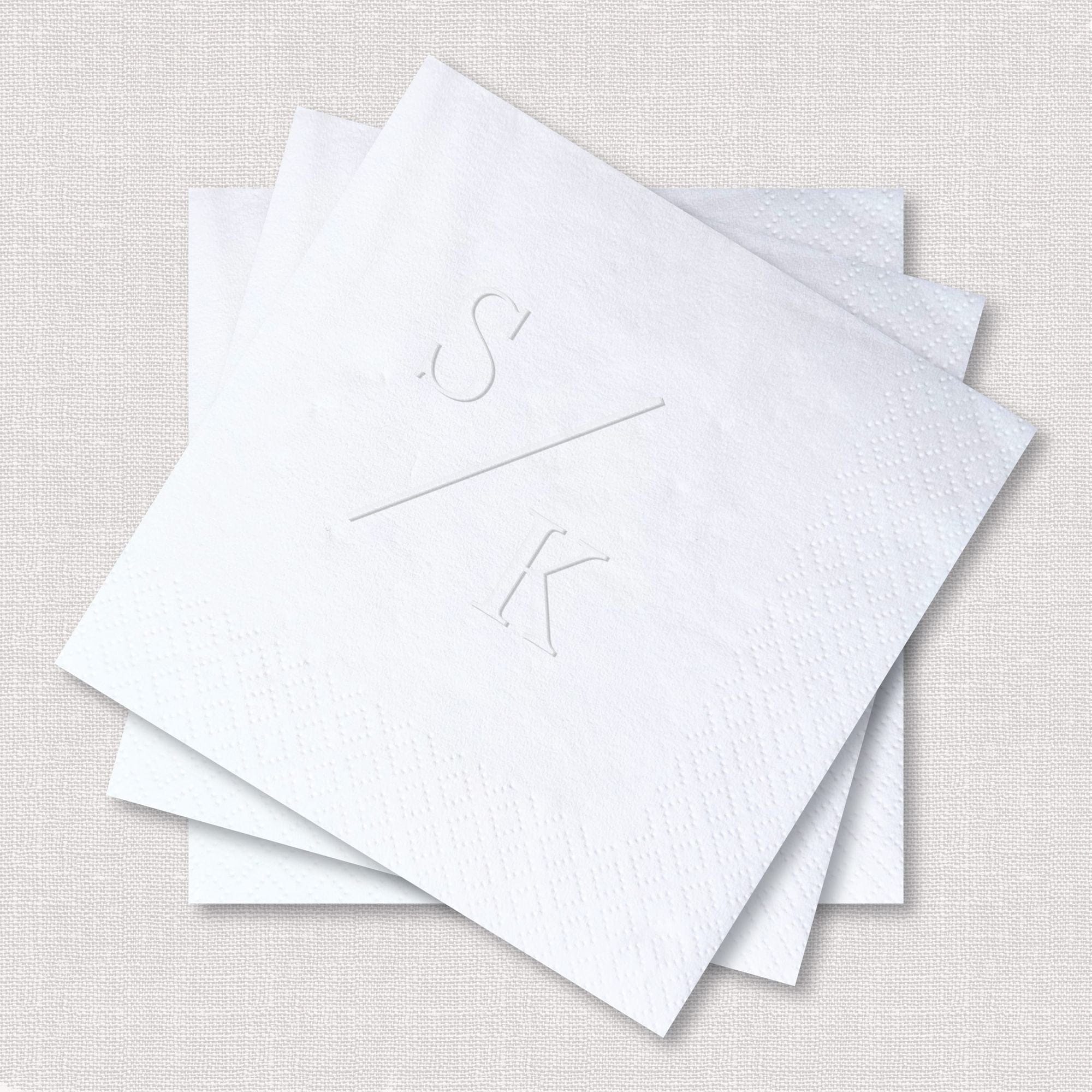 Personalized Embossed Cocktail Napkins Split Monogram Stacked Square Angled View White – Rubi and Lib