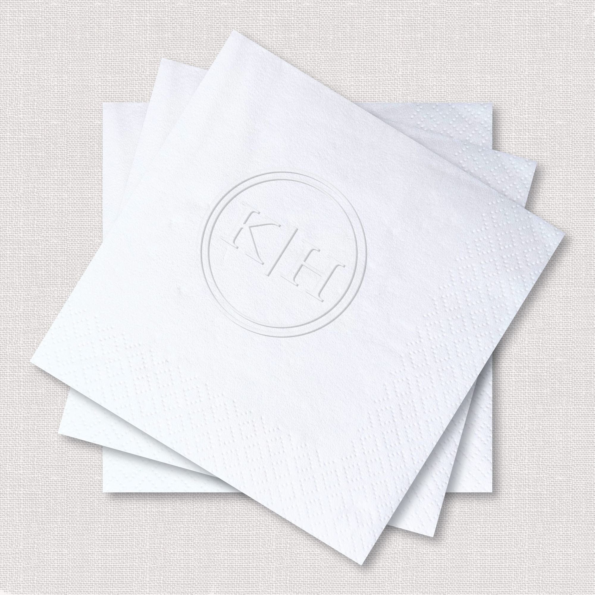 Personalized Embossed Cocktail Napkin Circle Monogram White Fanned Stack Double Ring Border Detail – Rubi and Lib