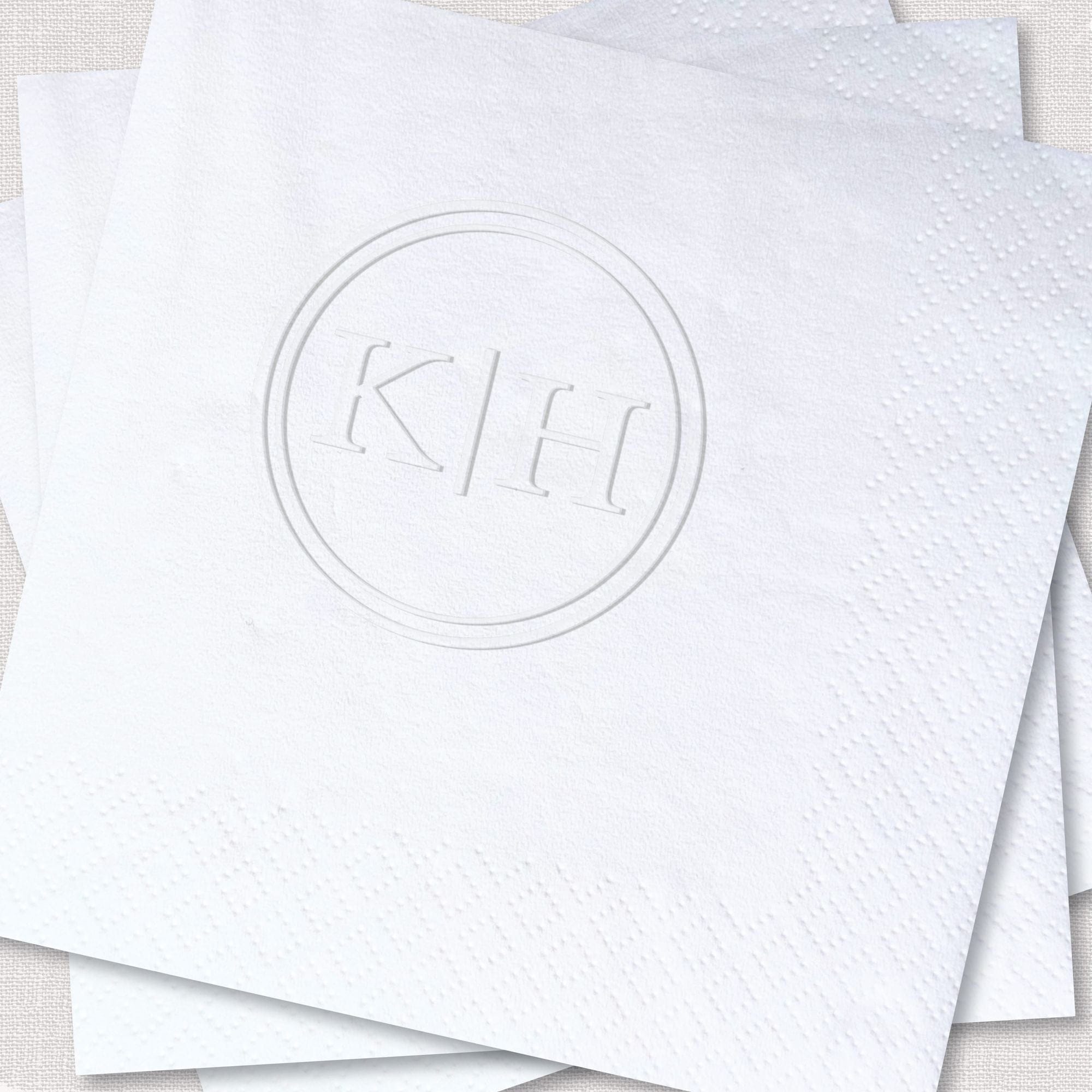 Personalized Embossed Cocktail Napkin Circle Monogram White Close Up Emboss Texture Stack – Rubi and Lib