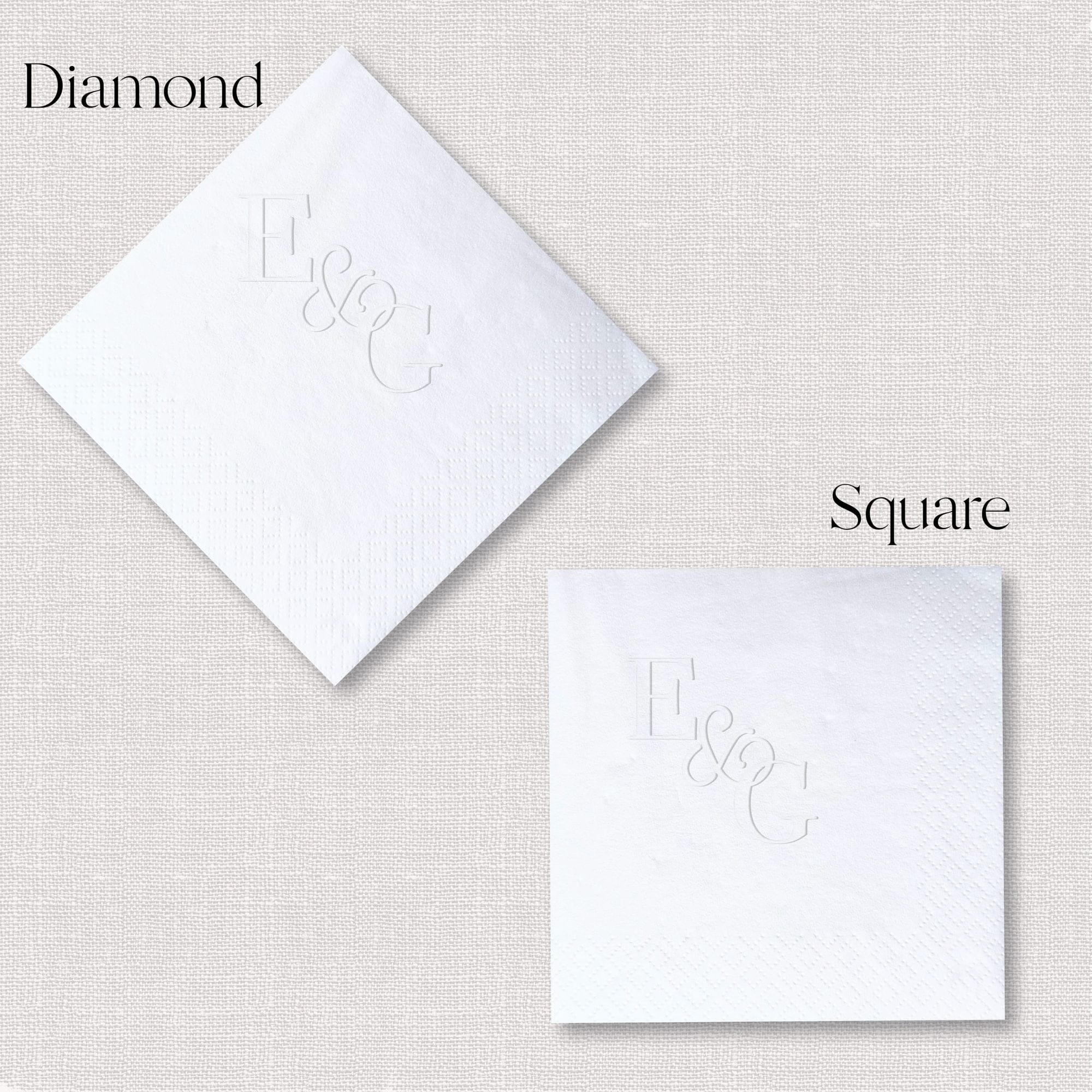 Personalized Embossed Cocktail Napkin Serif Script Monogram Diamond and Square Orientation White – Rubi and Lib