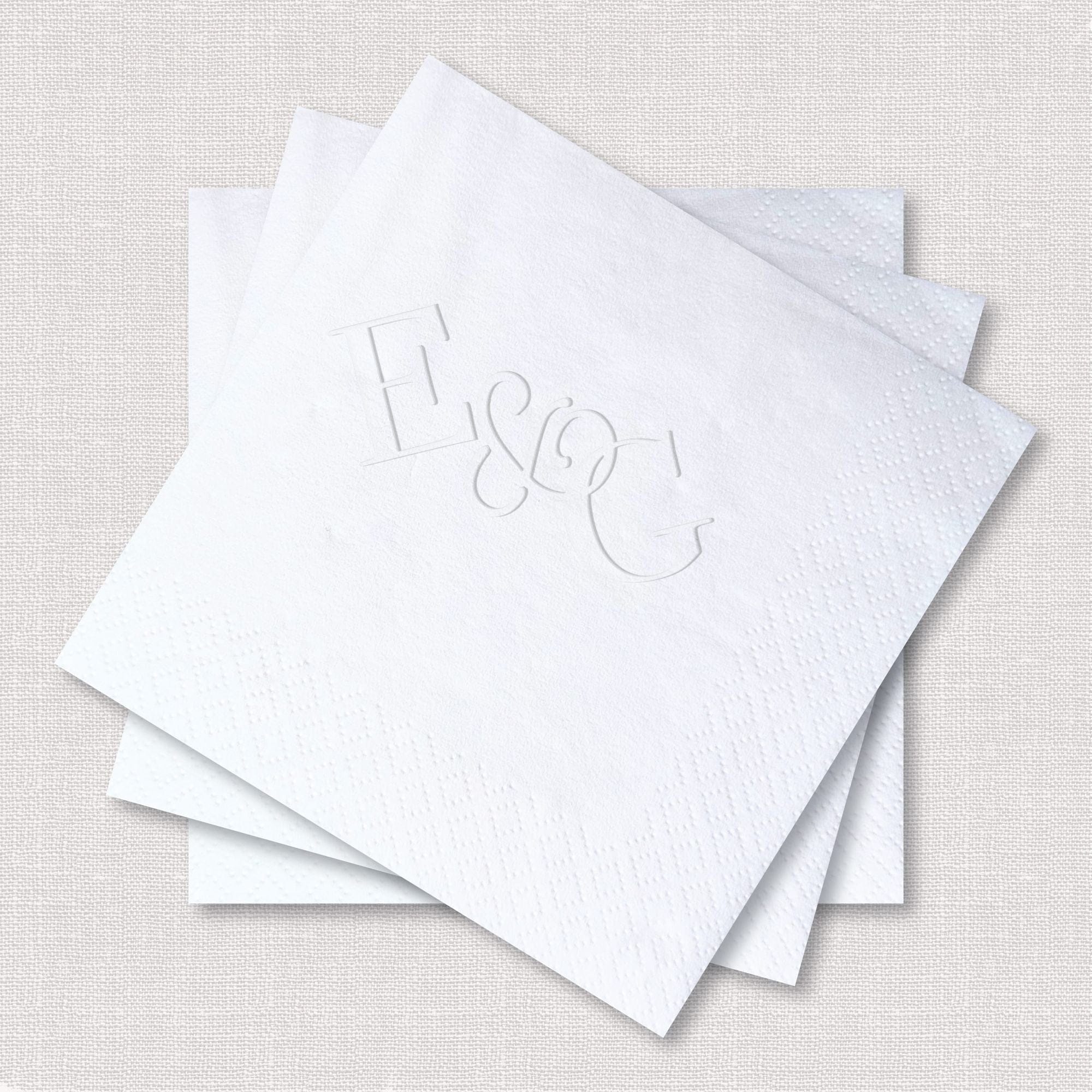 Personalized Embossed Cocktail Napkins E and C Serif Ampersand Stacked Set of Three White – Rubi and Lib