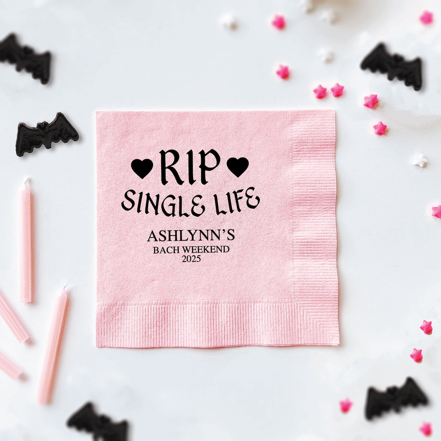 Pink napkin with "RIP SINGLE LIFE" text and hearts, personalized with Ashlynn's Bach Weekend 2025